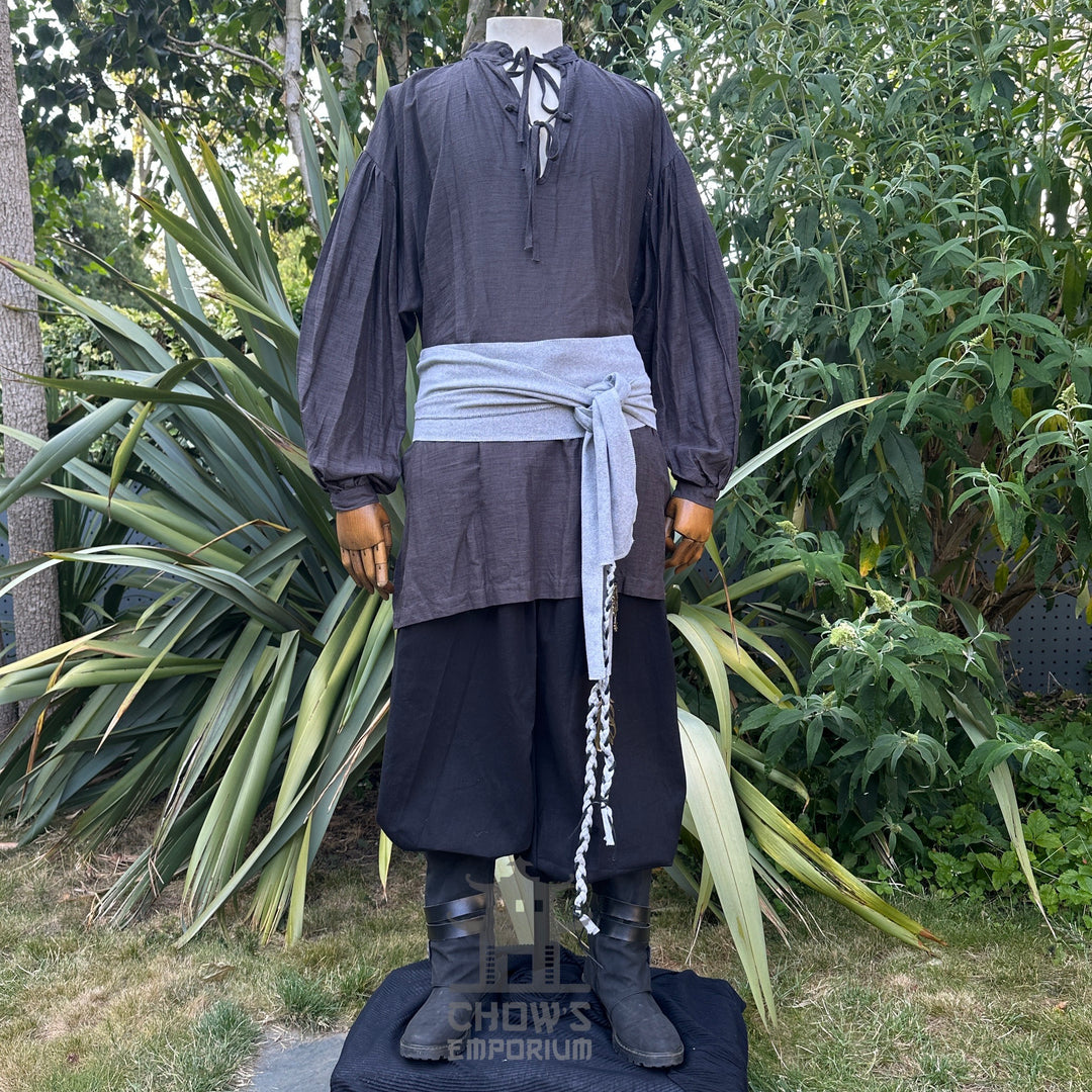 Dark grey medieval shirt in cotton-linen blend, front view for LARP.