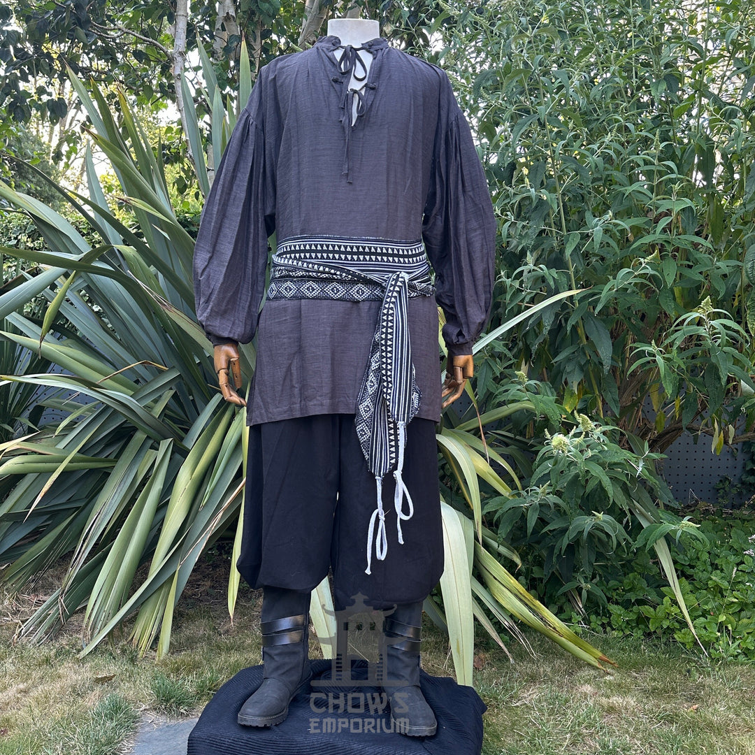 Dark grey cotton-linen medieval shirt for LARP, front view, with belt.