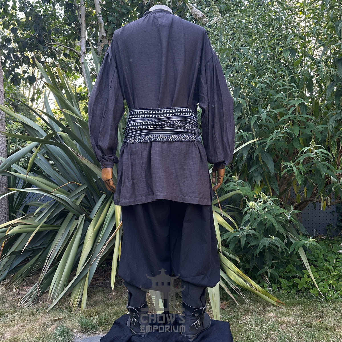 Back view of grey Spirit Necromancer LARP set with detailed sash.