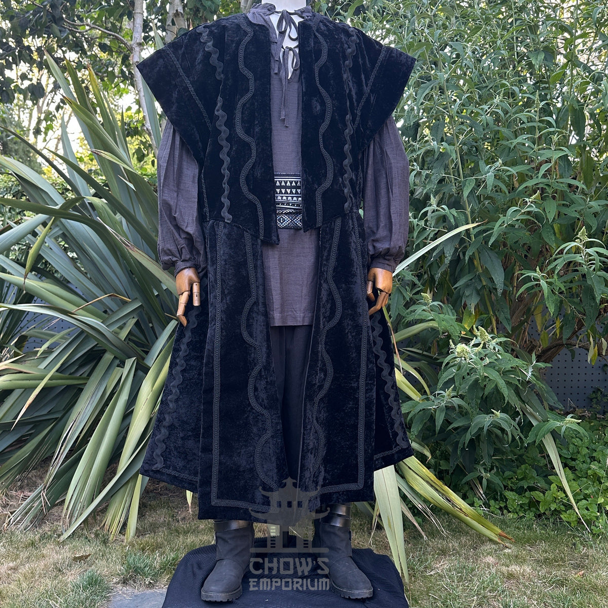 Black and grey LARP necromancer set with waistcoat, shirt, sash.