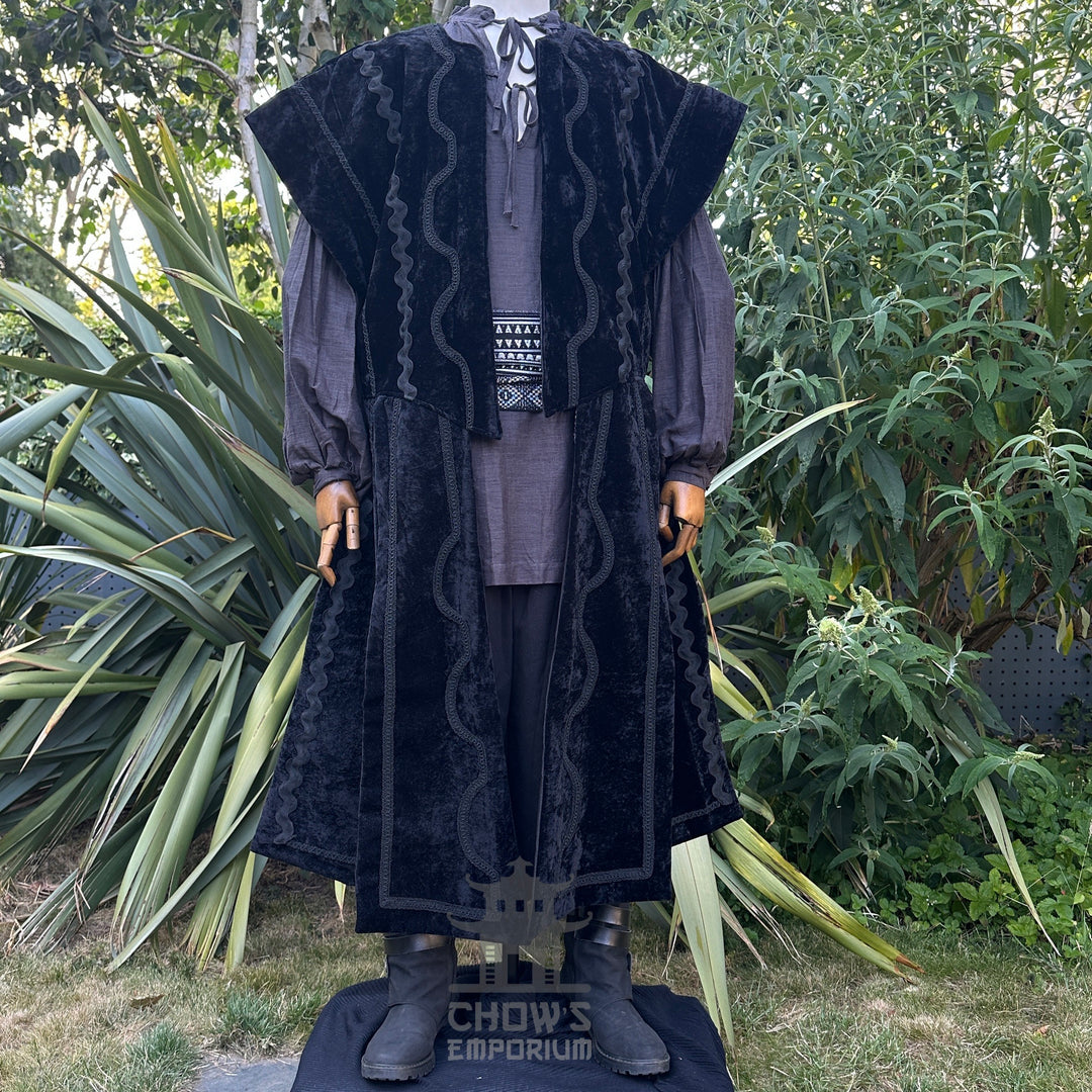 Black and grey LARP necromancer set with waistcoat, shirt, sash.