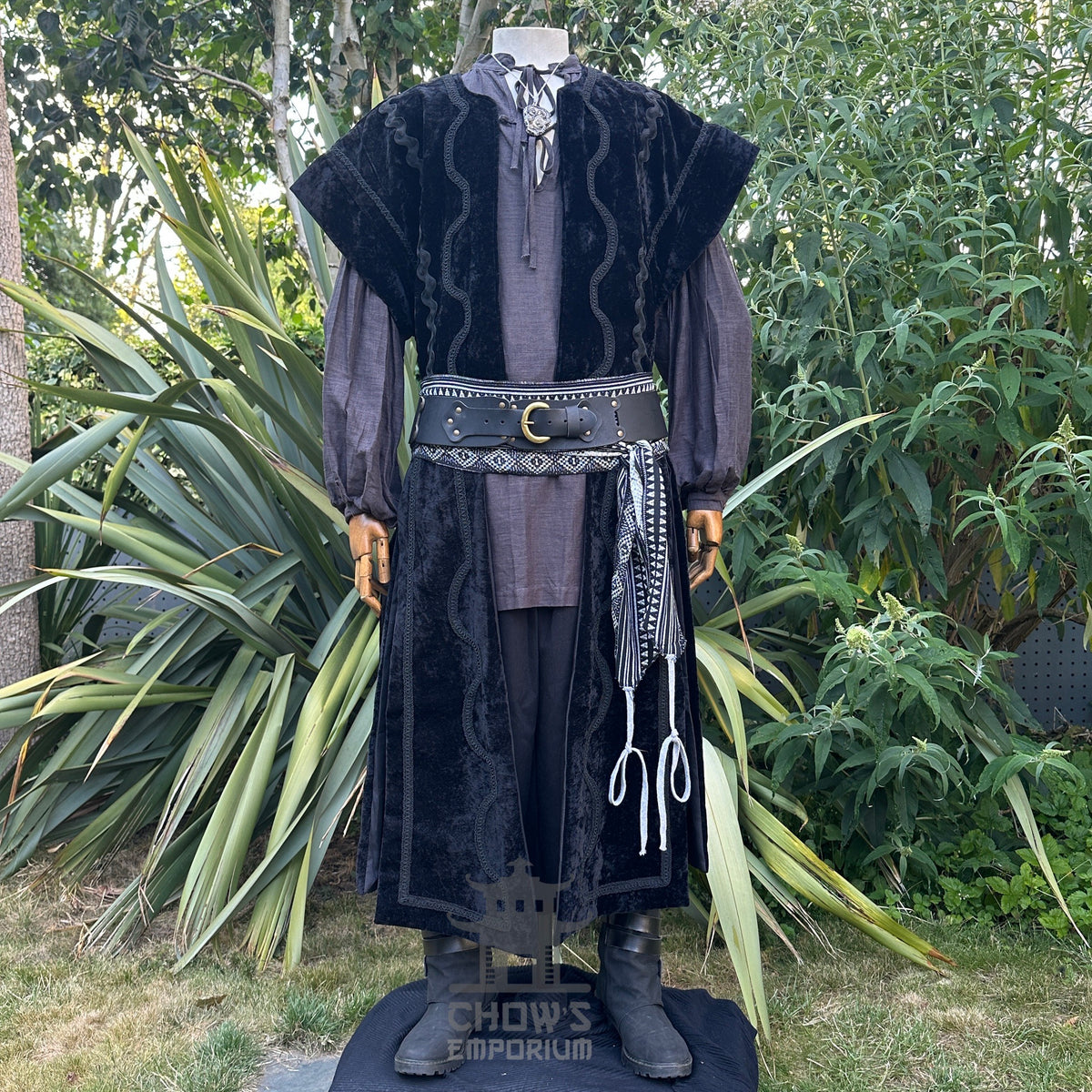 LARP necromancer set with black velvet waistcoat, grey shirt, and belt.