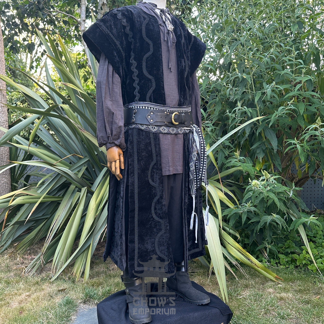 Black velvet waistcoat and grey shirt, medieval LARP style, side view.