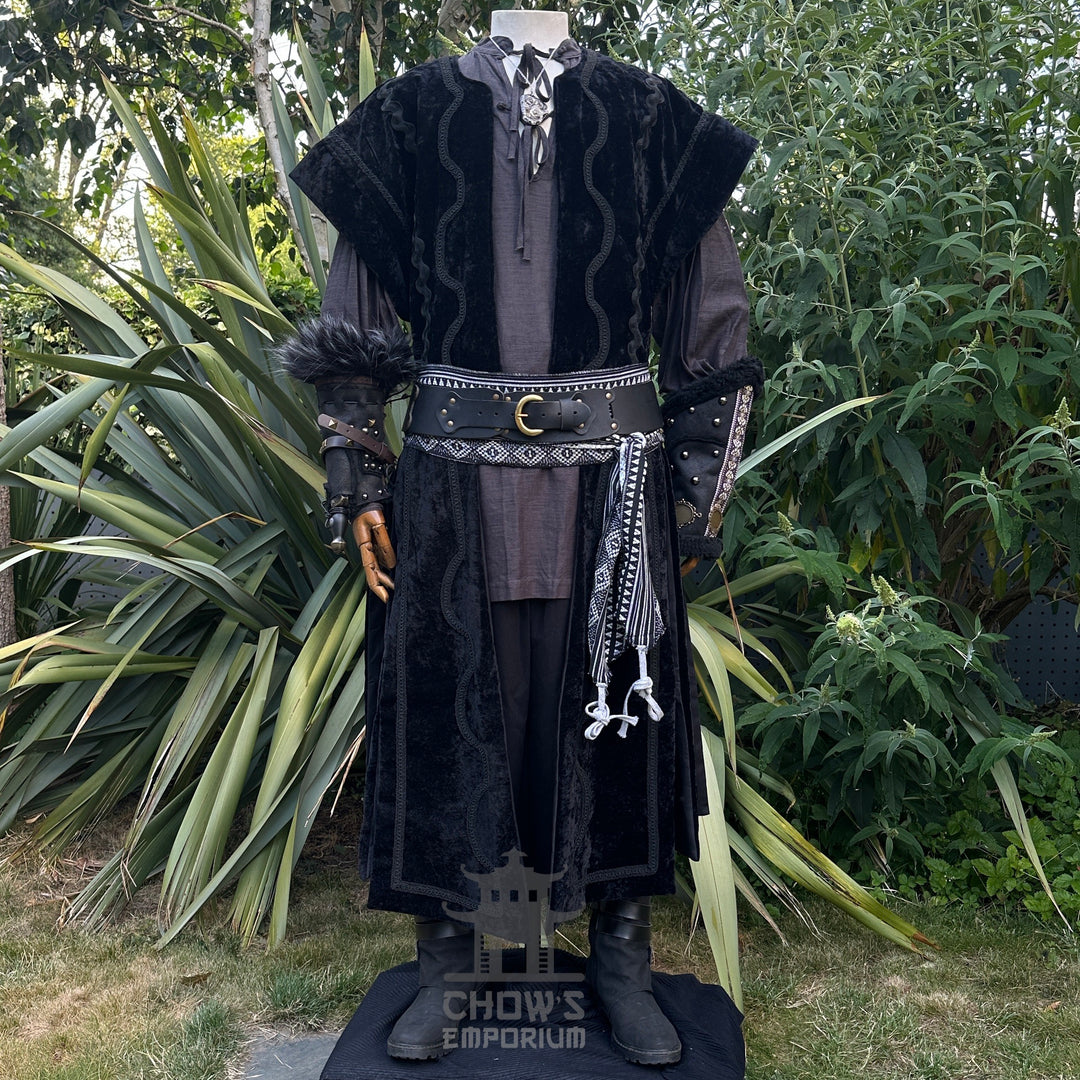 Black velvet LARP necromancer outfit with waistcoat, vambraces, and belt, front view.