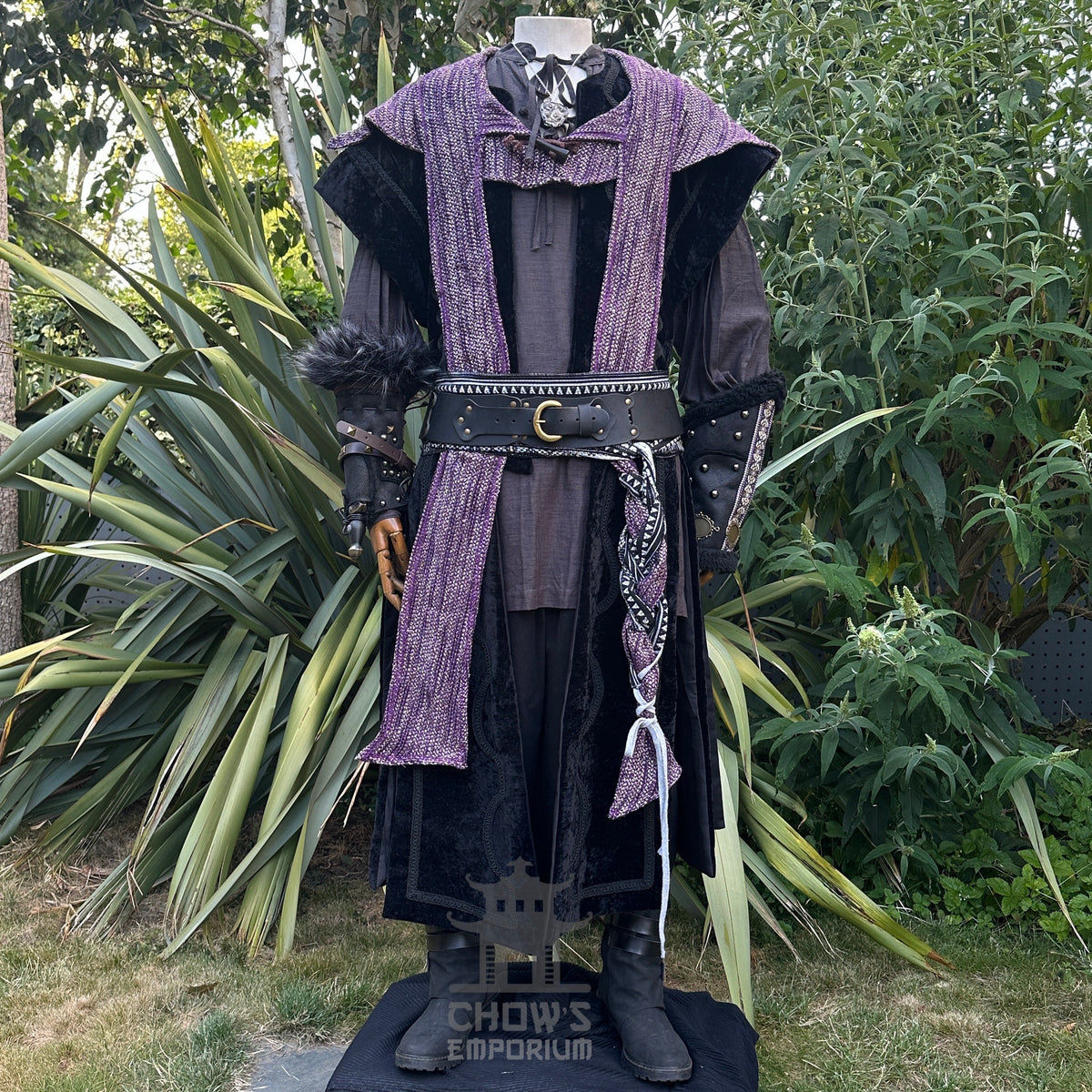 Purple and black medieval LARP costume set with hood, belt, and vambraces.