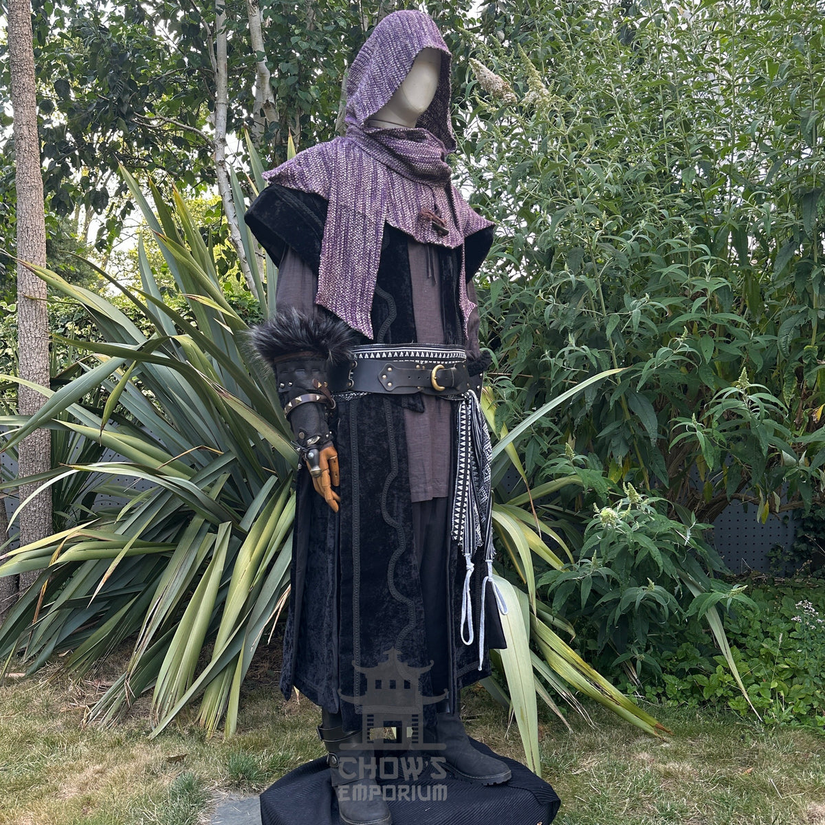 LARP medieval mage set, front angle with purple hood and fur vambraces.