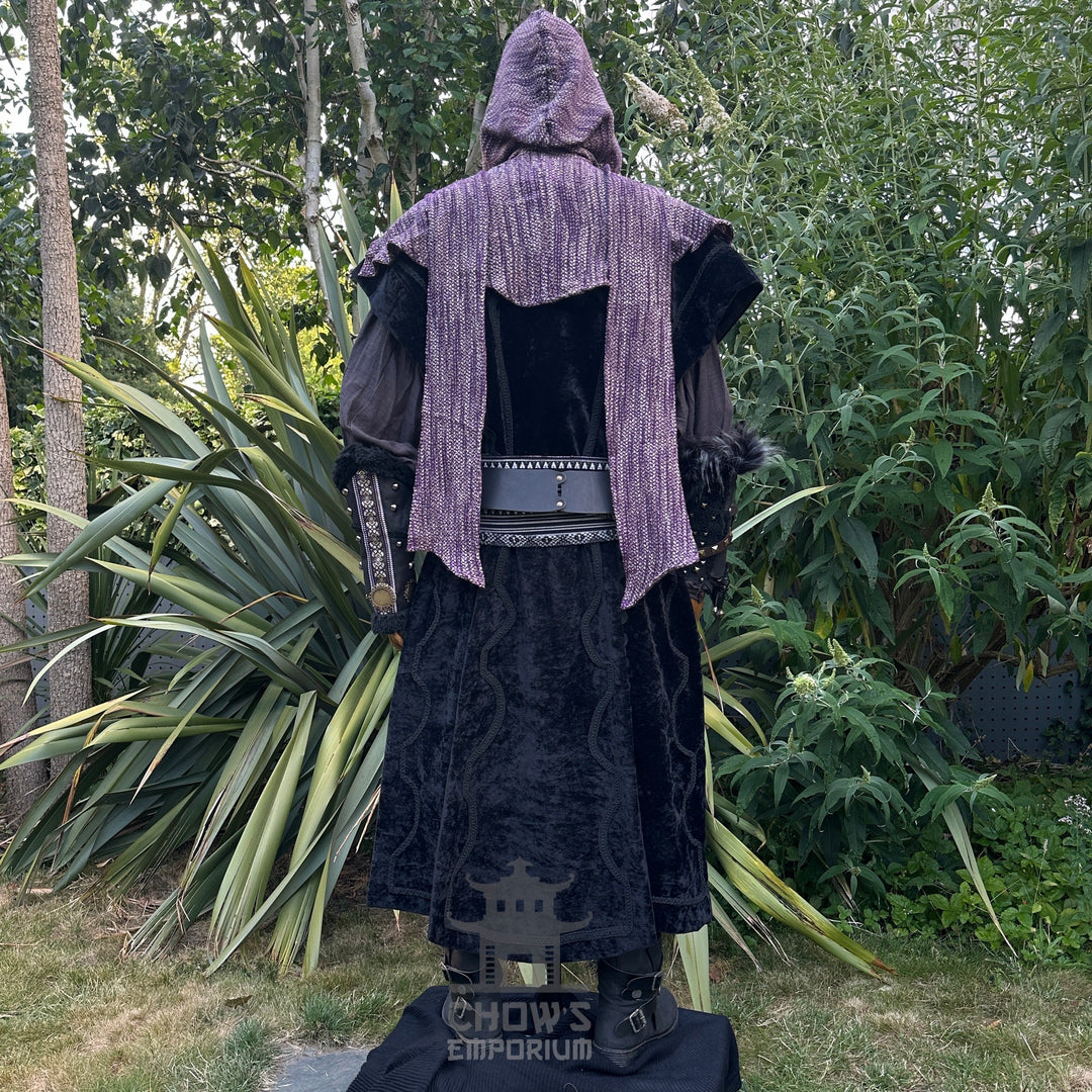 Rear angle of LARP mage set with purple knit hood and ornate black robe.
