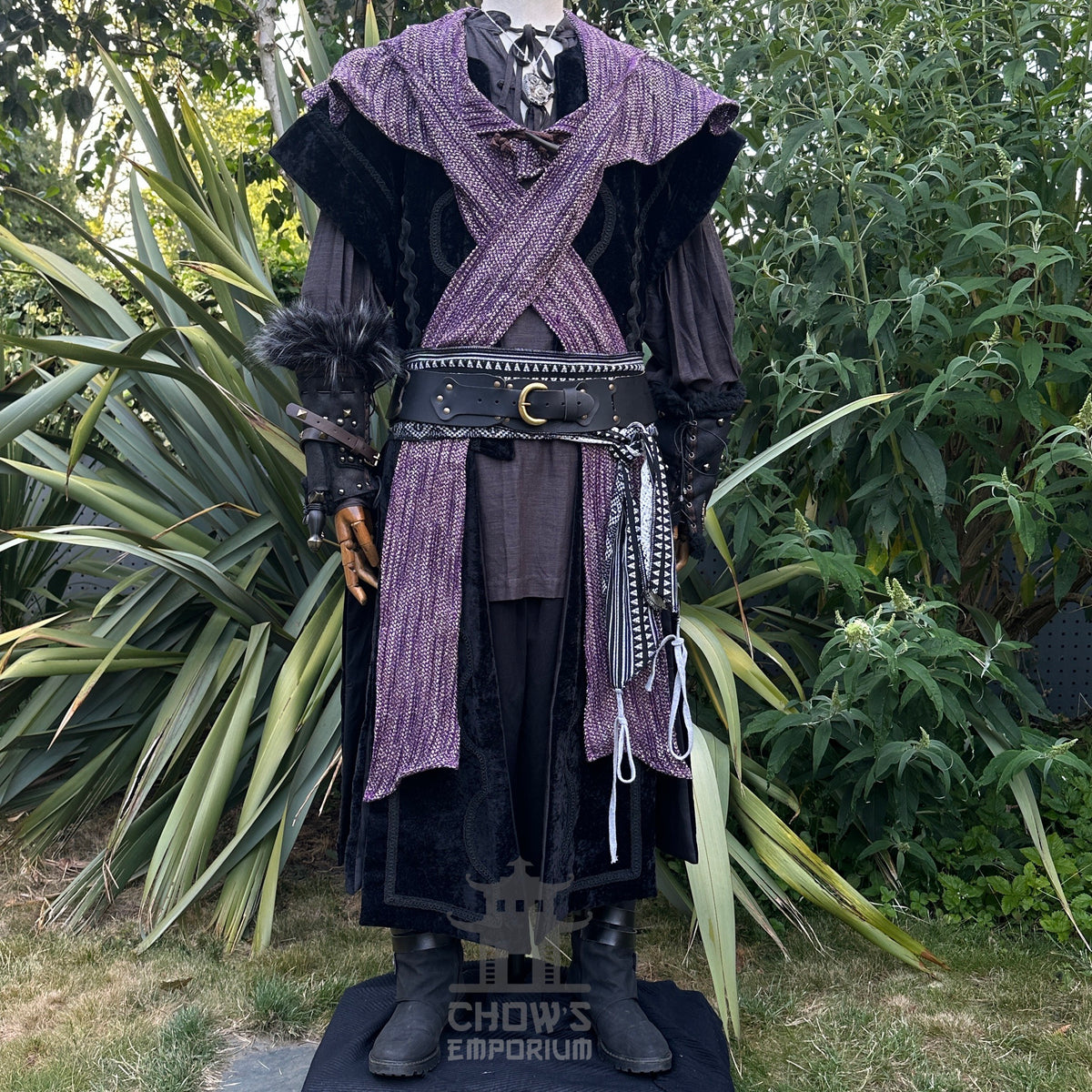 LARP costume with hood and waistcoat, front view.