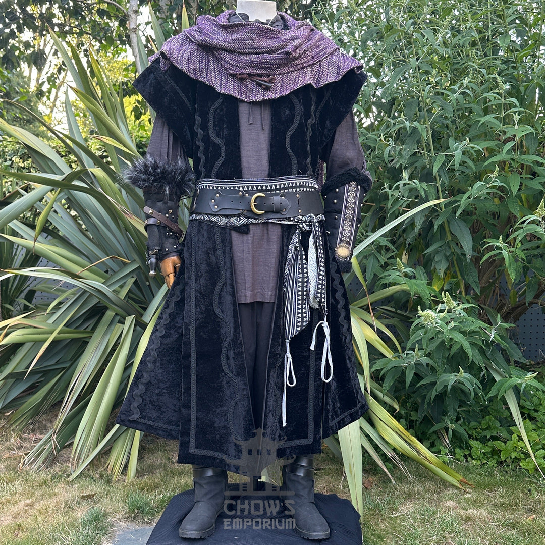 Black medieval LARP mage set with hood, waistcoat, vambraces, sash, belt, and pants.