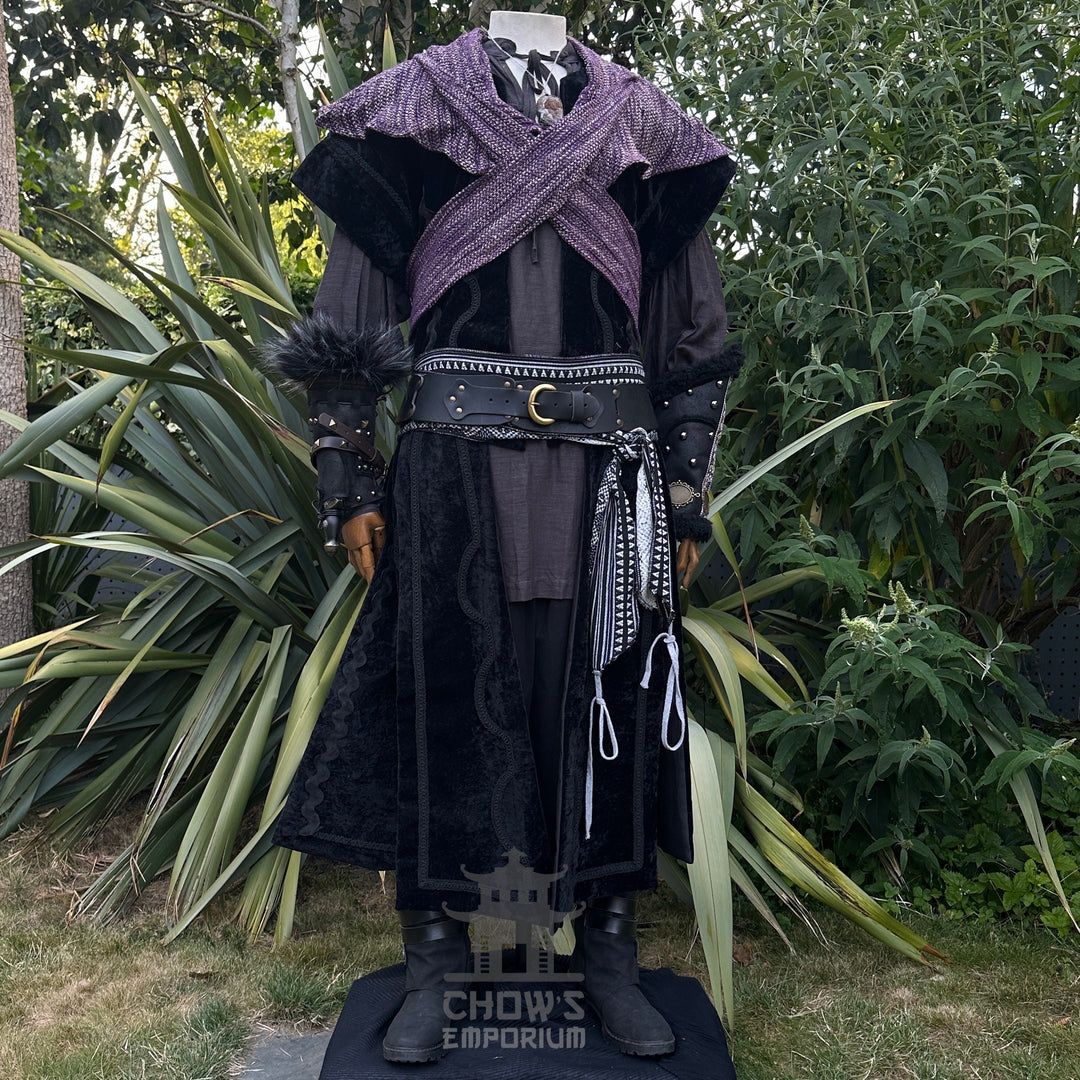 LARP medieval outfit in black and purple with waistcoat, hood, and sash.