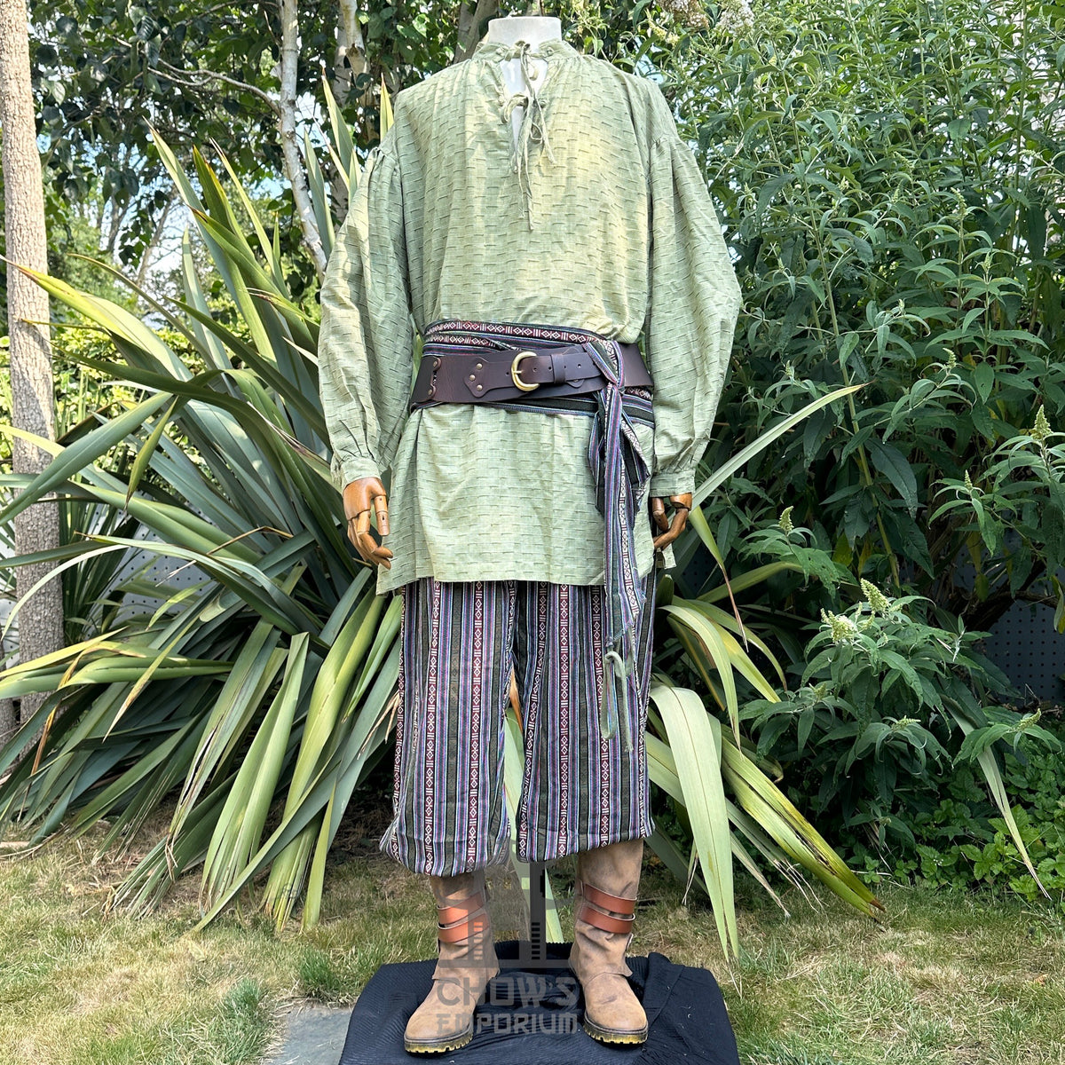 LARP medieval outfit with green shirt, striped pants, and sash, front view.