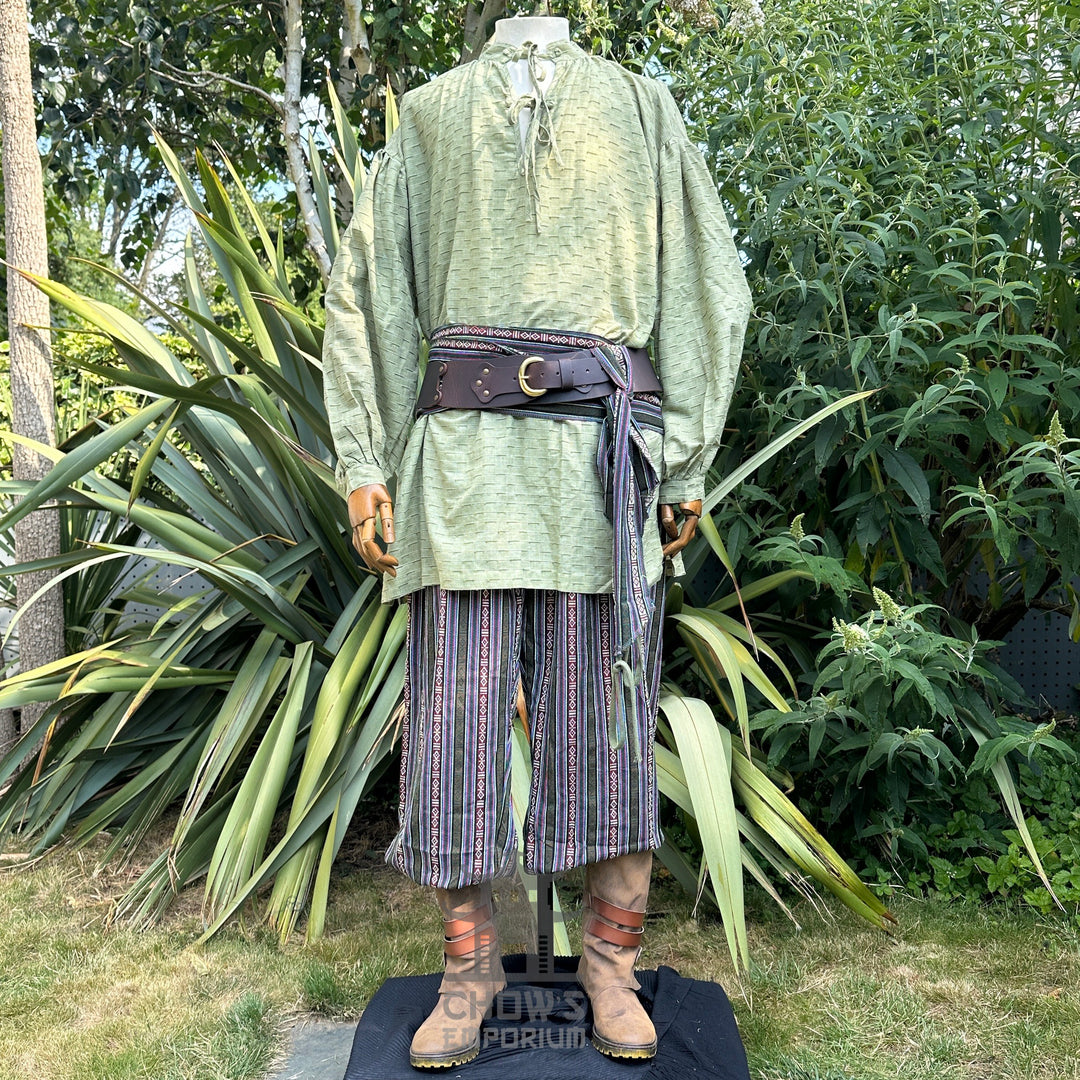 LARP medieval outfit with green shirt, striped pants, and sash, front view.