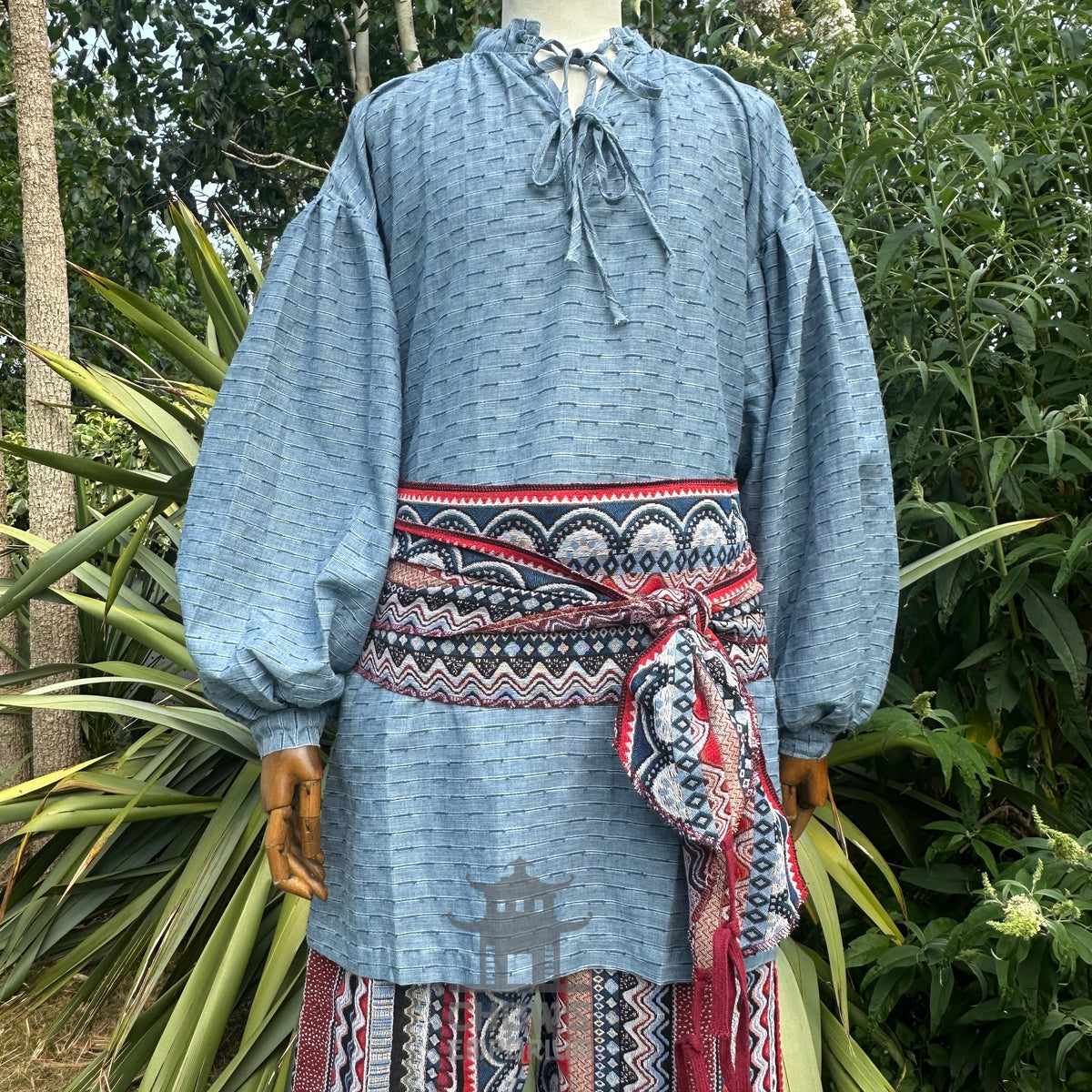 medieval shirt in textured blue cotton-linen for fantasy costume.