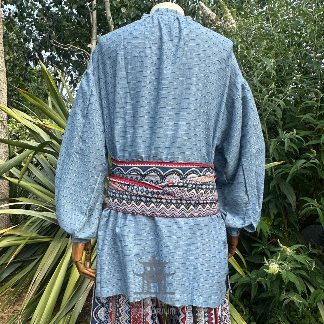 textured blue medieval shirt, front view for LARP.