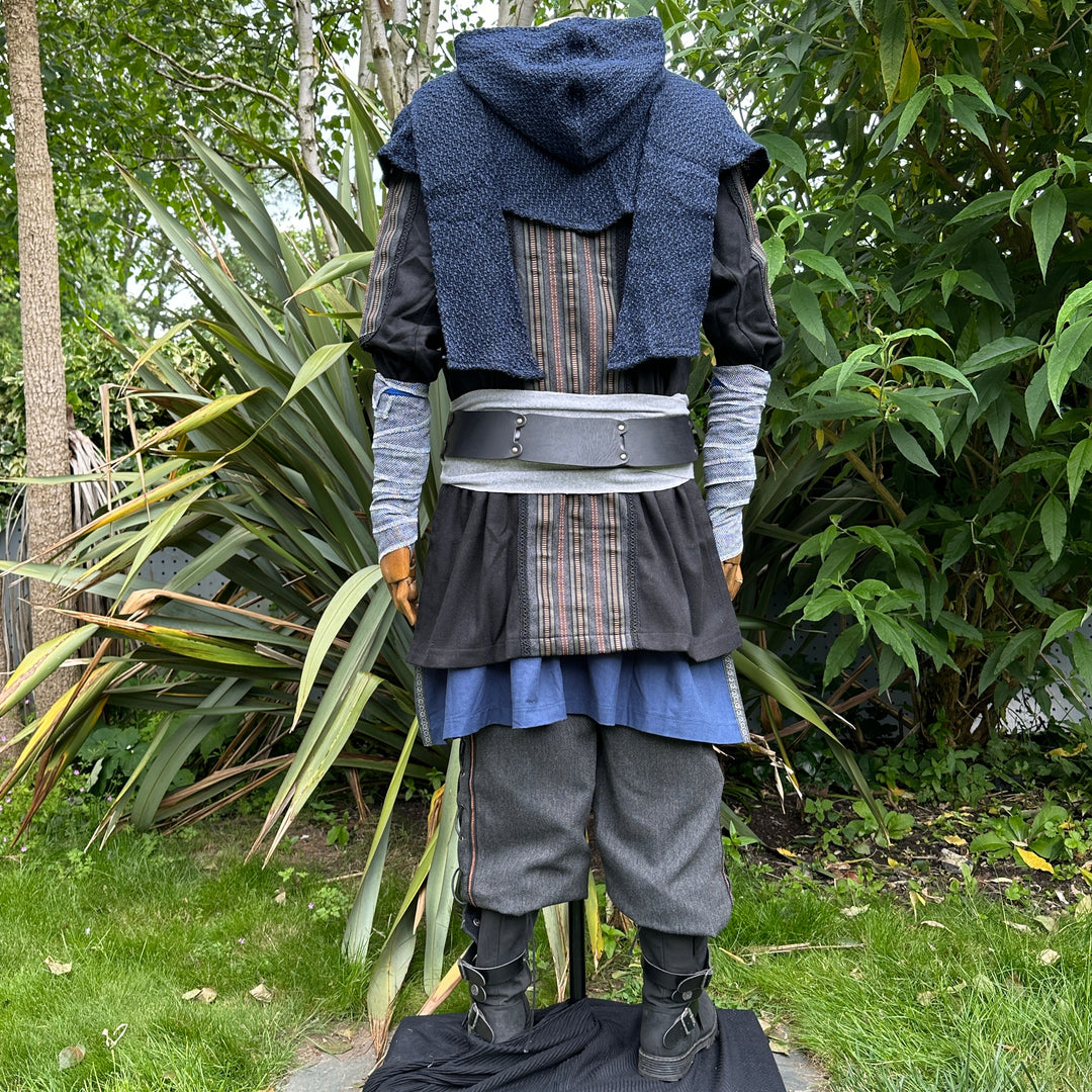 LARP druid costume rear view with wide hood and striped tunic detailing.