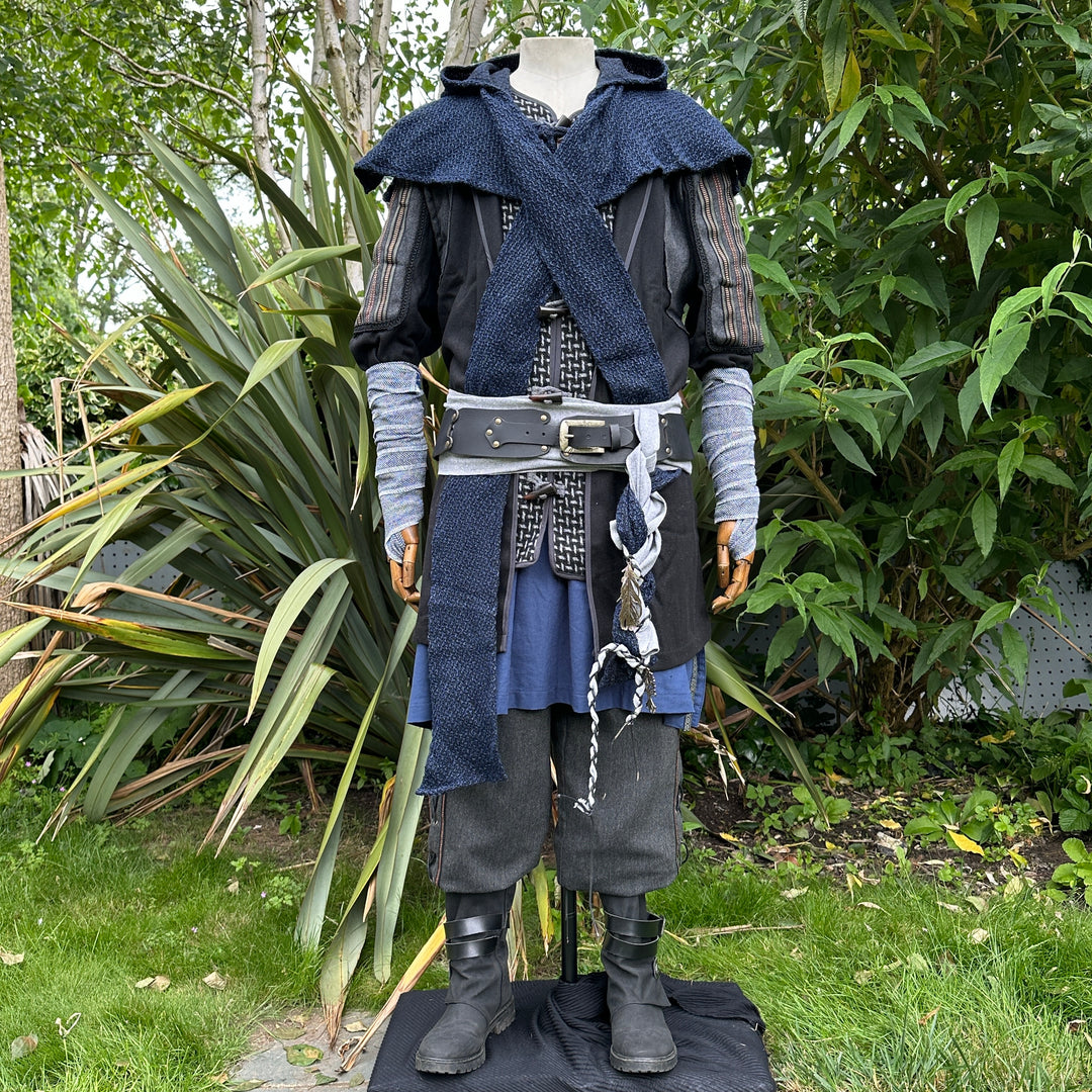 Front view of LARP druid set outdoors, showing blue scarf and layered tunic.