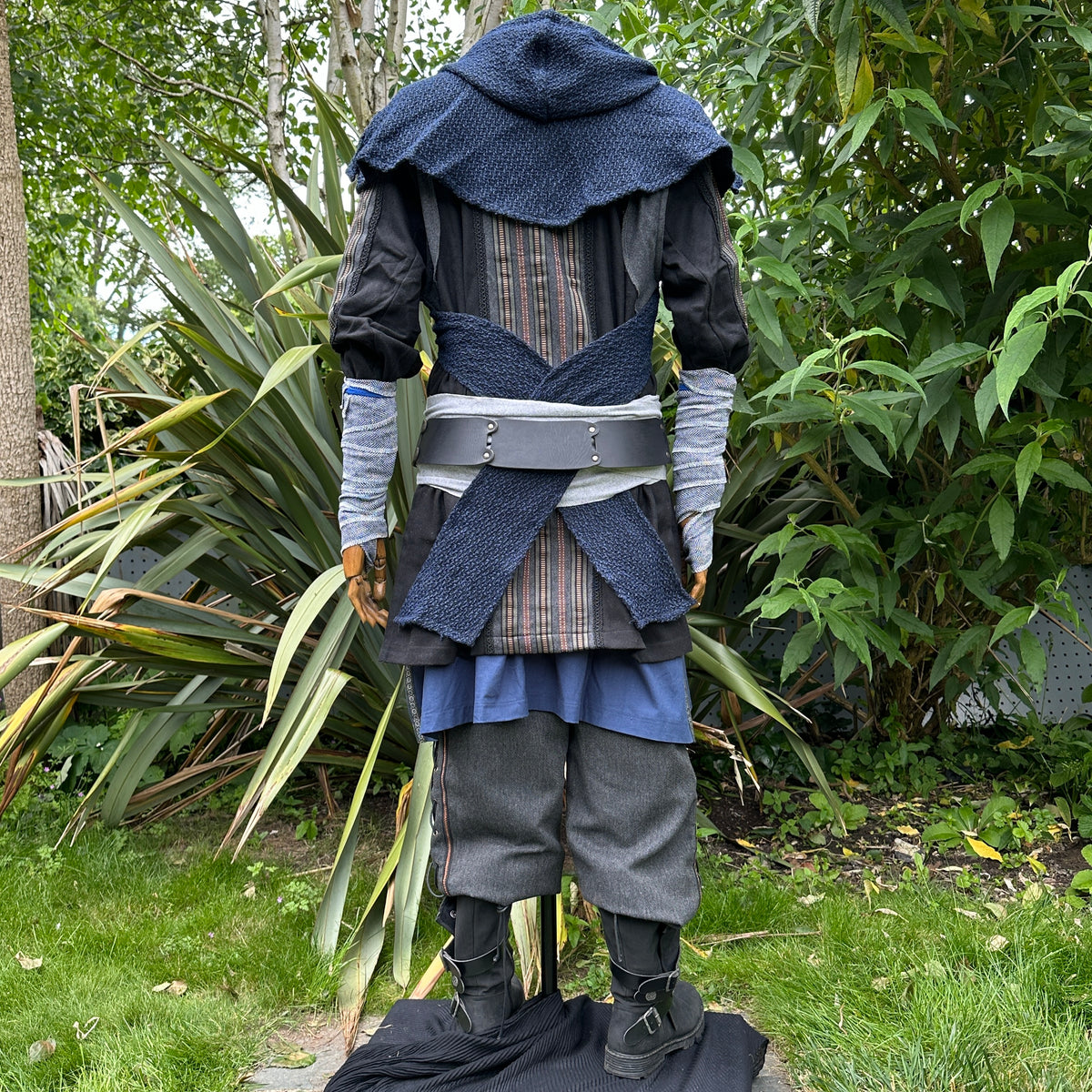 Dark medieval LARP set with jacket, hood, arm wraps, and sash, back view.