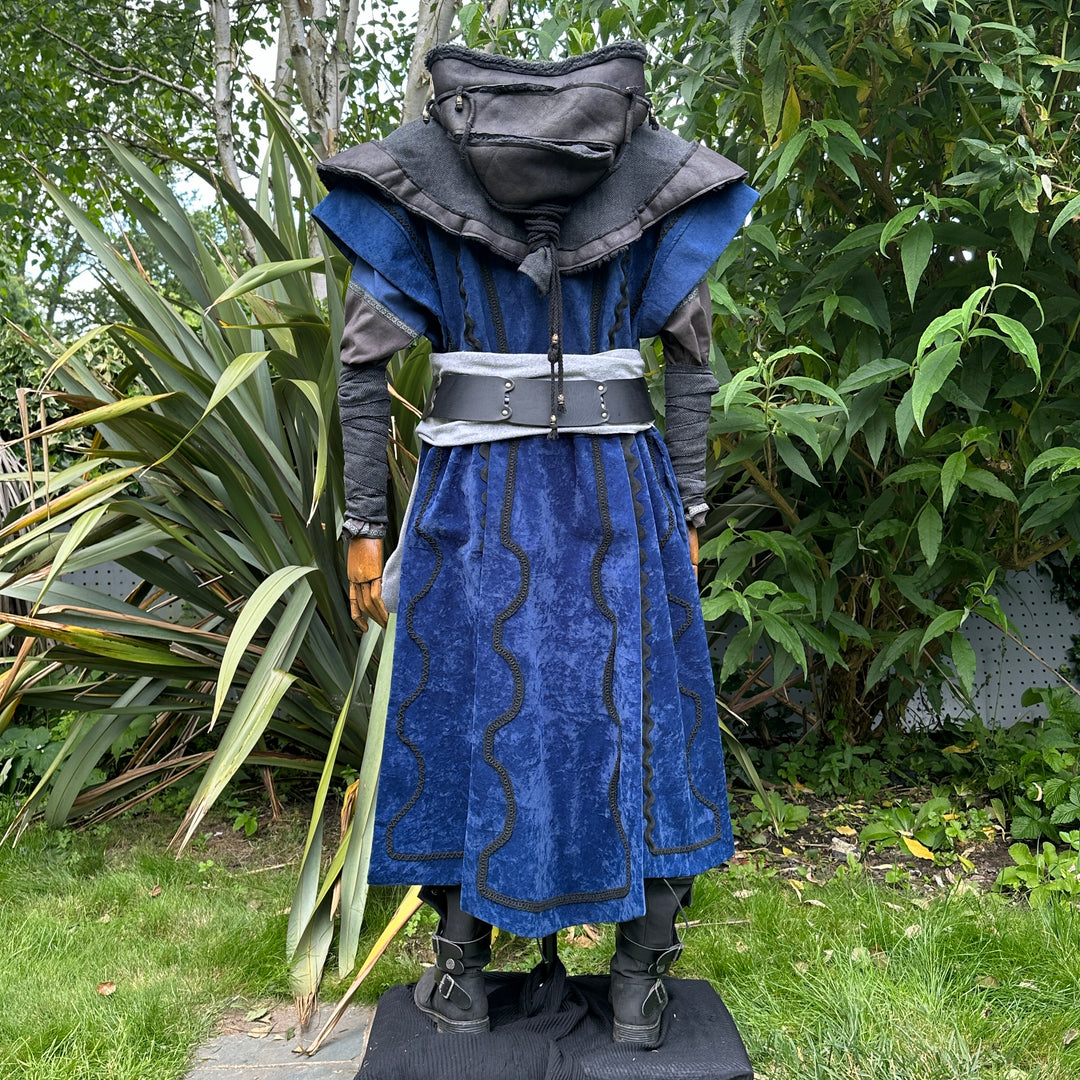 Blue medieval LARP cloak set, rear view, velvet-like material.
