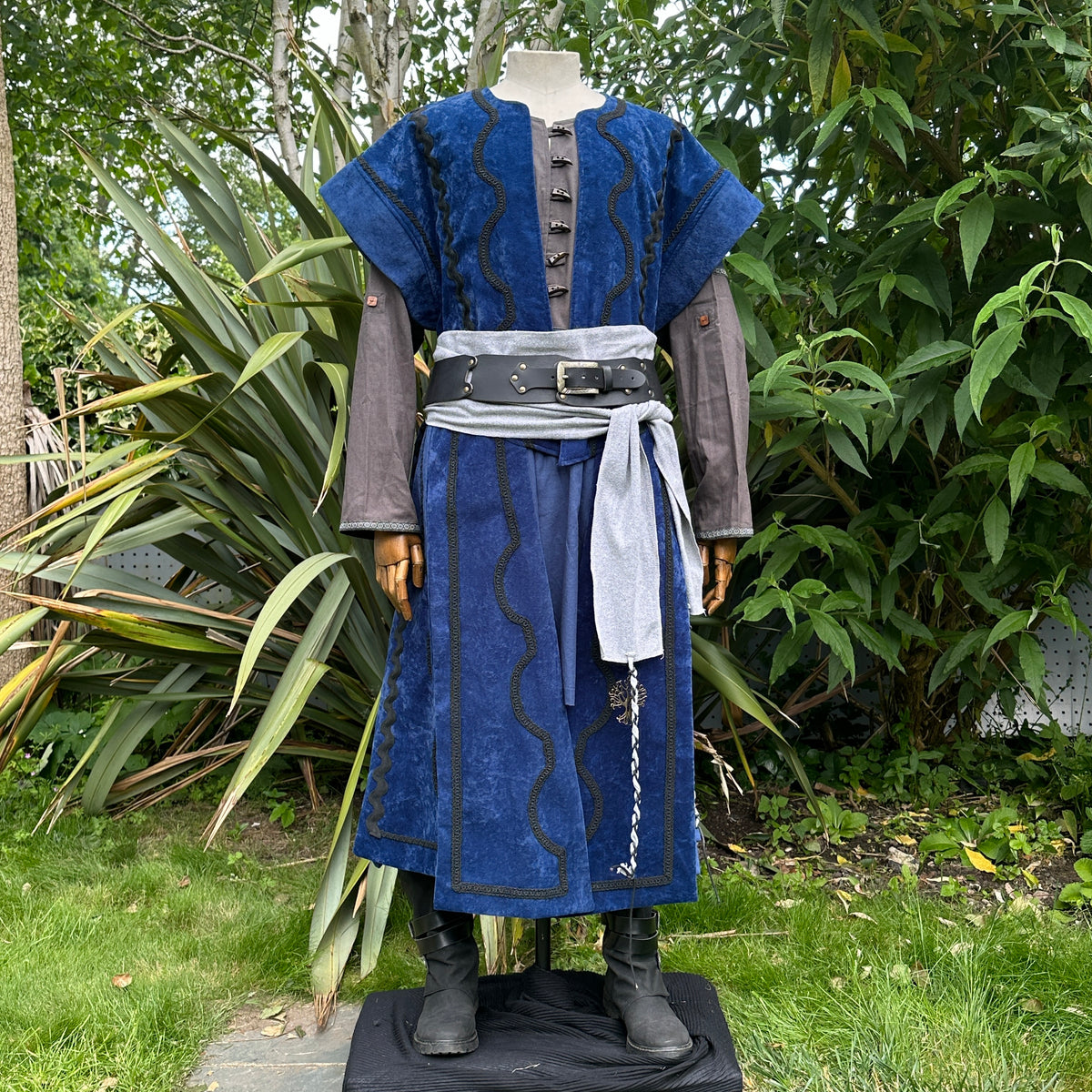 Blue LARP waistcoat, brown tunic, grey sash, front view.