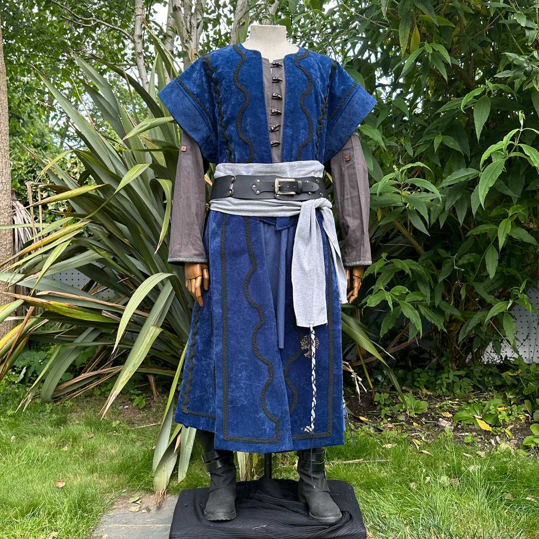 Blue LARP waistcoat, brown tunic, grey sash, front view.