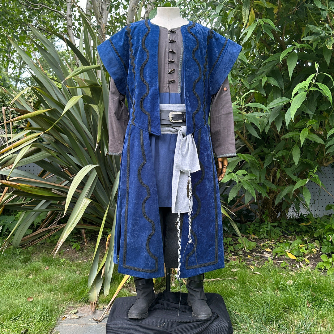 Blue velvet LARP waistcoat, grey tunic and sash, front view. Medieval style.