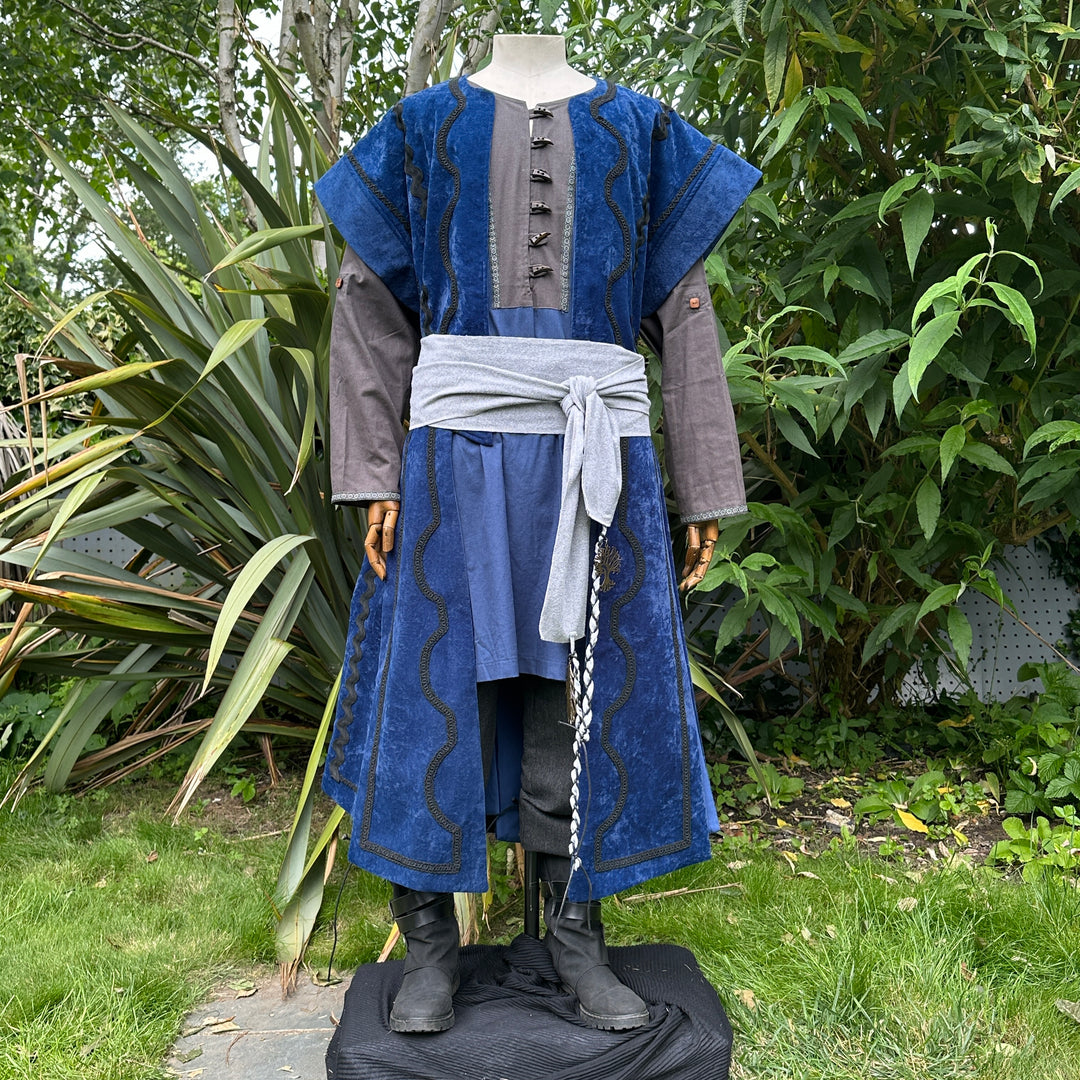 Blue velvet medieval LARP set with tunic, sash, waistcoat, front view.