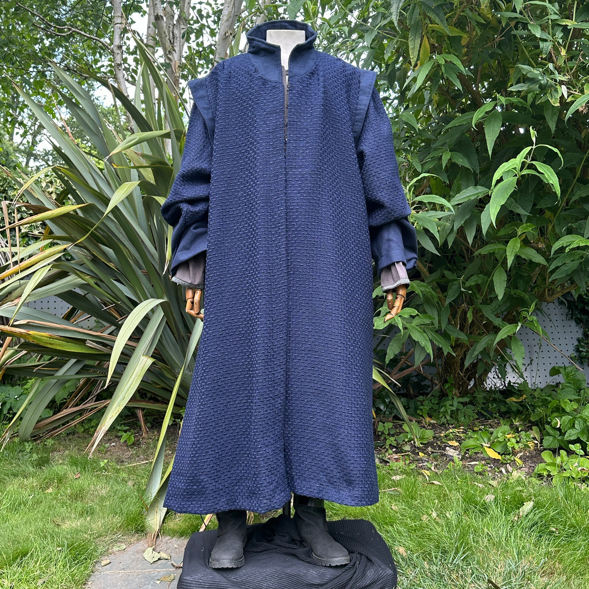 Blue textured robe with high collar, medieval style for LARP, front view.