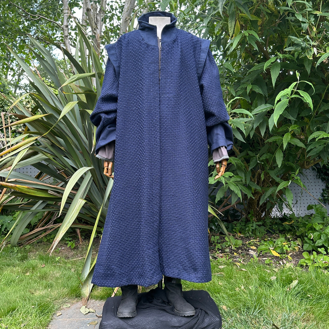 Blue textured robe with high collar, medieval style for LARP, front view.