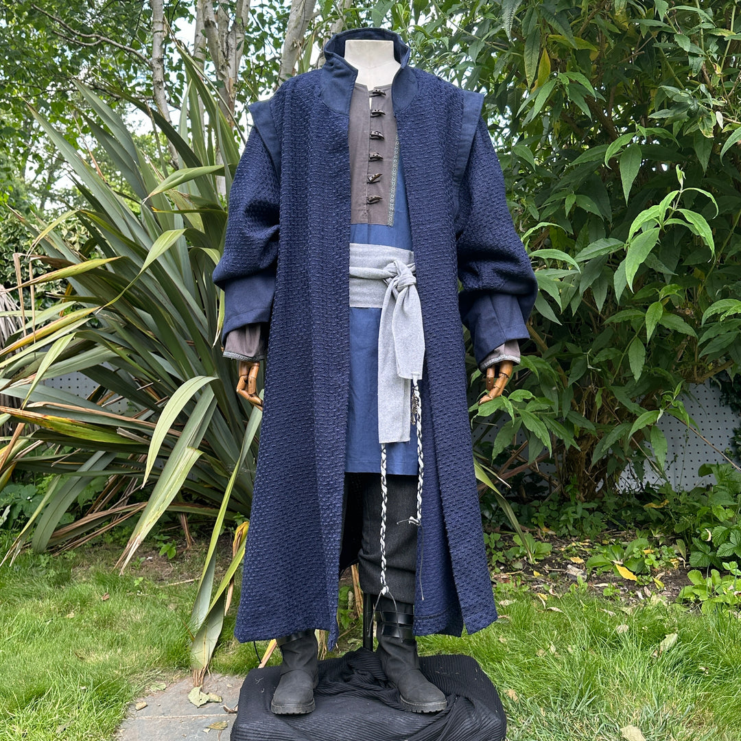 LARP blue robe with high collar, textured fabric, front view.
