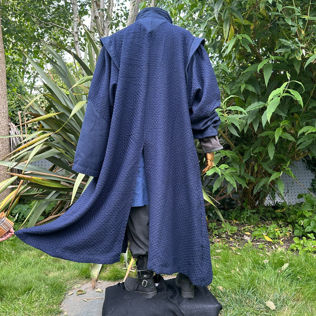 Blue high-collar robe, textured fabric, rear view, for LARP or medieval use.