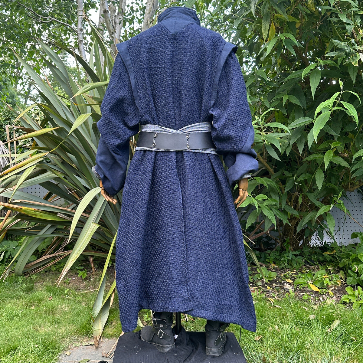 Blue wool medieval LARP robe with high collar, rear view.