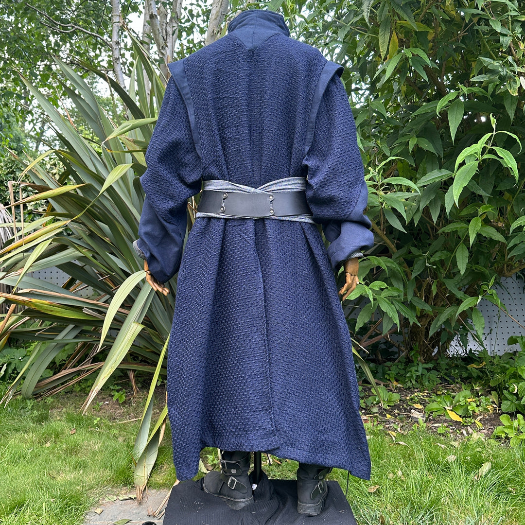 Blue wool medieval LARP robe with high collar, rear view.