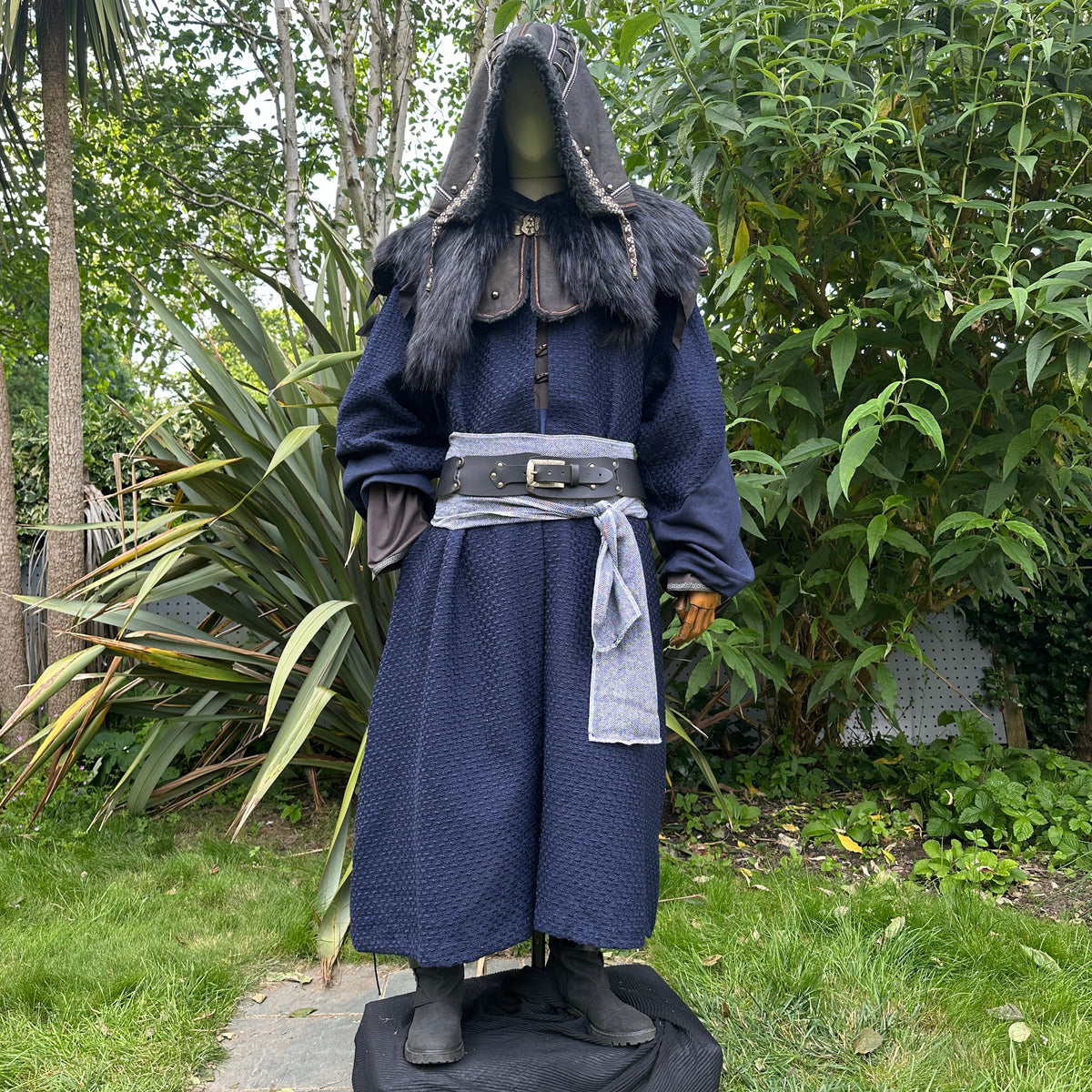 Blue textured LARP robe with high collar and hood, front view.