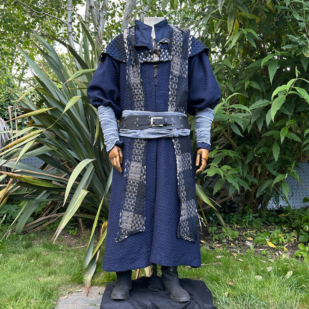 LARP medieval outfit featuring navy textured robe with patterned panels.