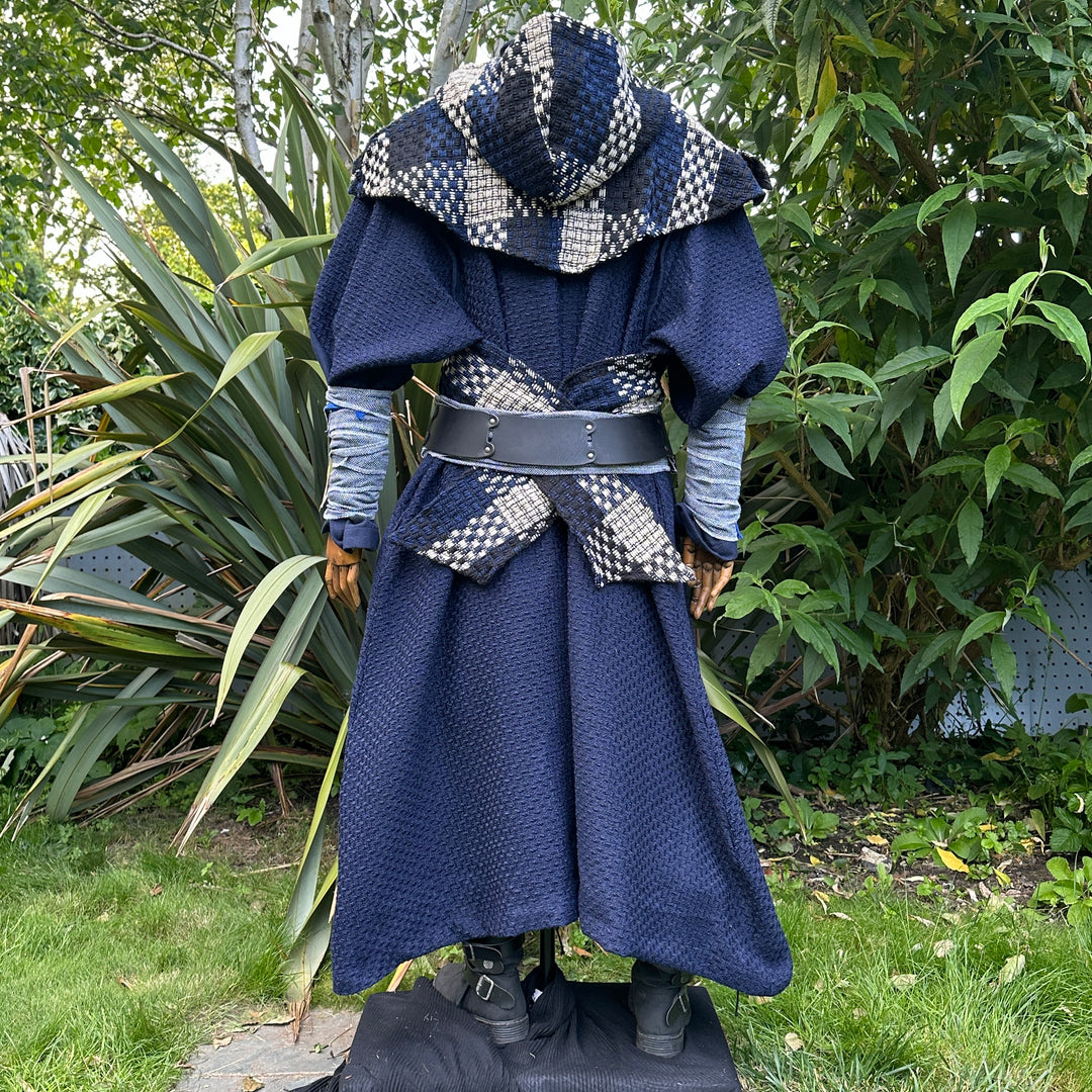 Rear view of navy LARP robe with plaid hood and detailed belt.