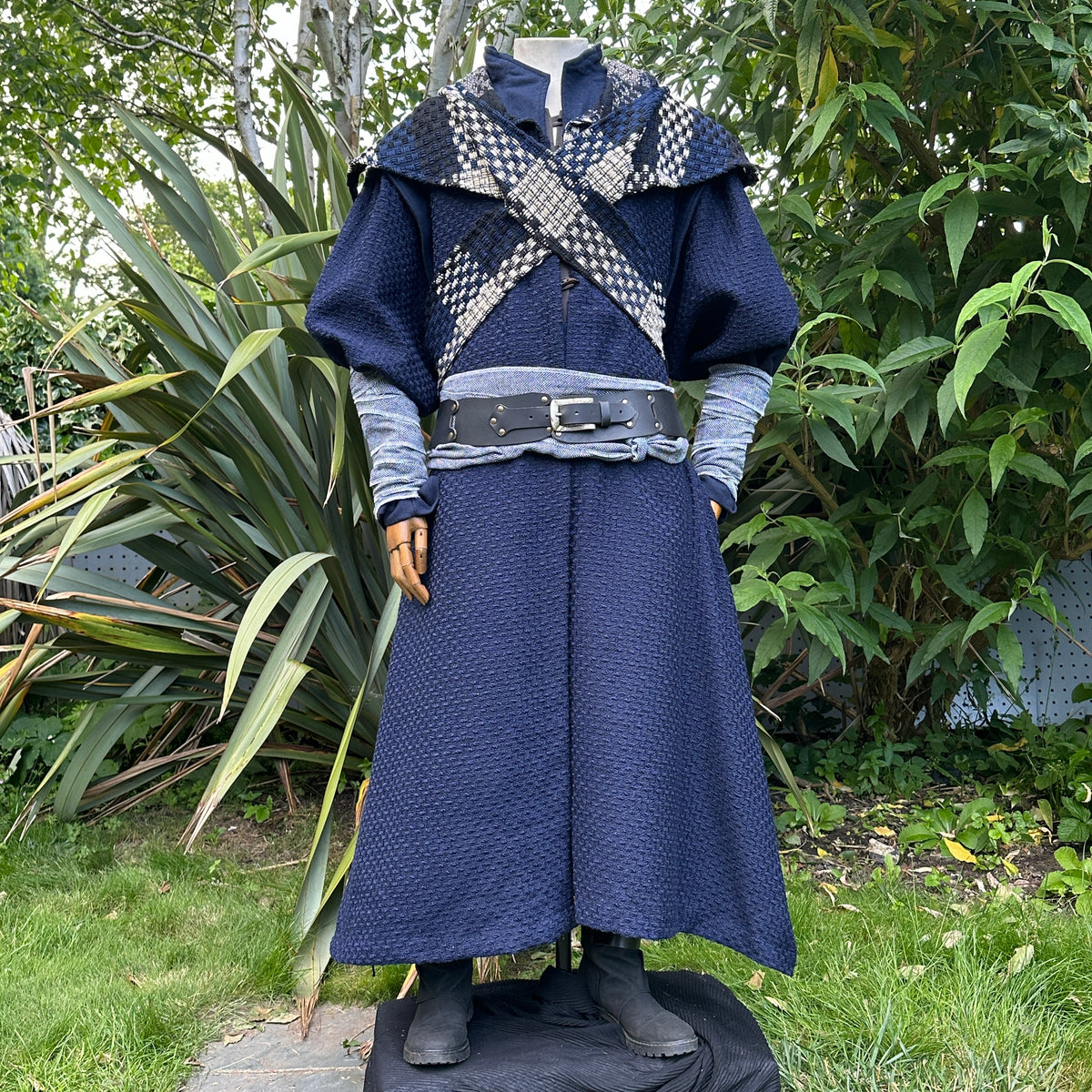 Blue medieval LARP robe with high collar, textured fabric, front view.