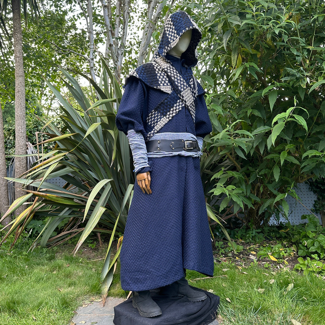 LARP medieval blue and white check wool scarf hood on mannequin.