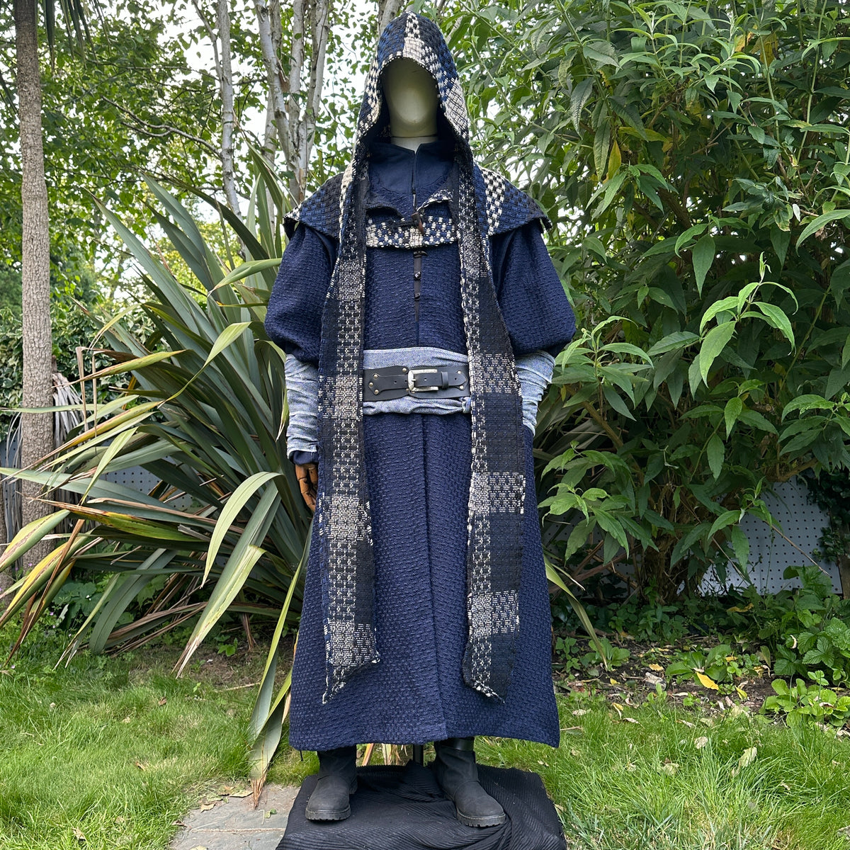 Blue and white check wool scarf hood in LARP medieval style, front view.