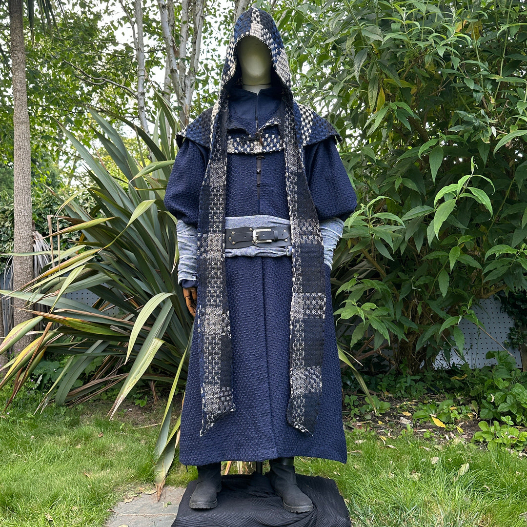 Hooded sea warrior costume with sash and belt for LARP.