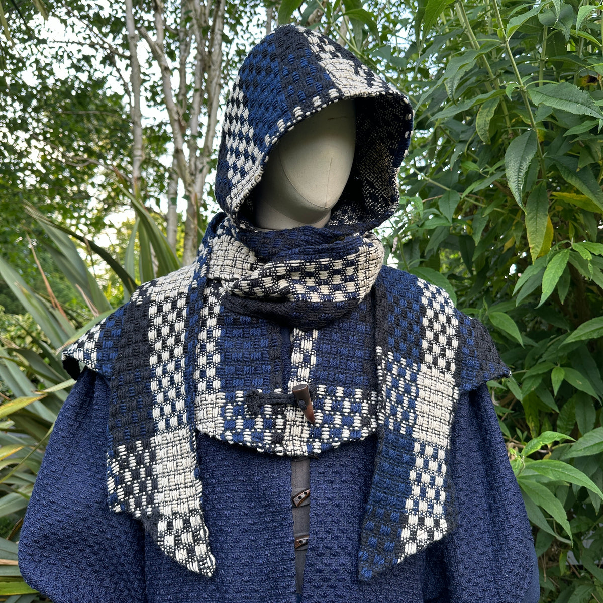 Blue and white check wool scarf hood, ideal for medieval LARP.
