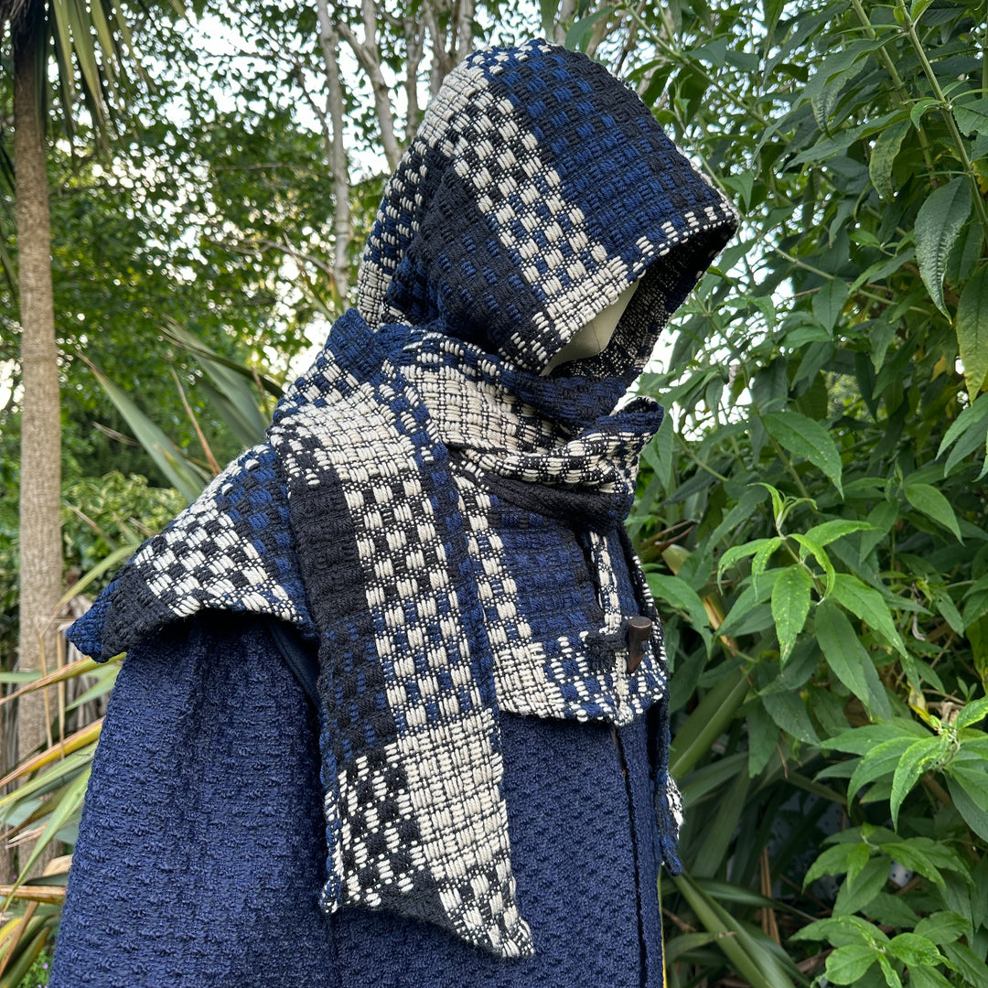 Blue and white check wool scarf hood for LARP, side angle view.