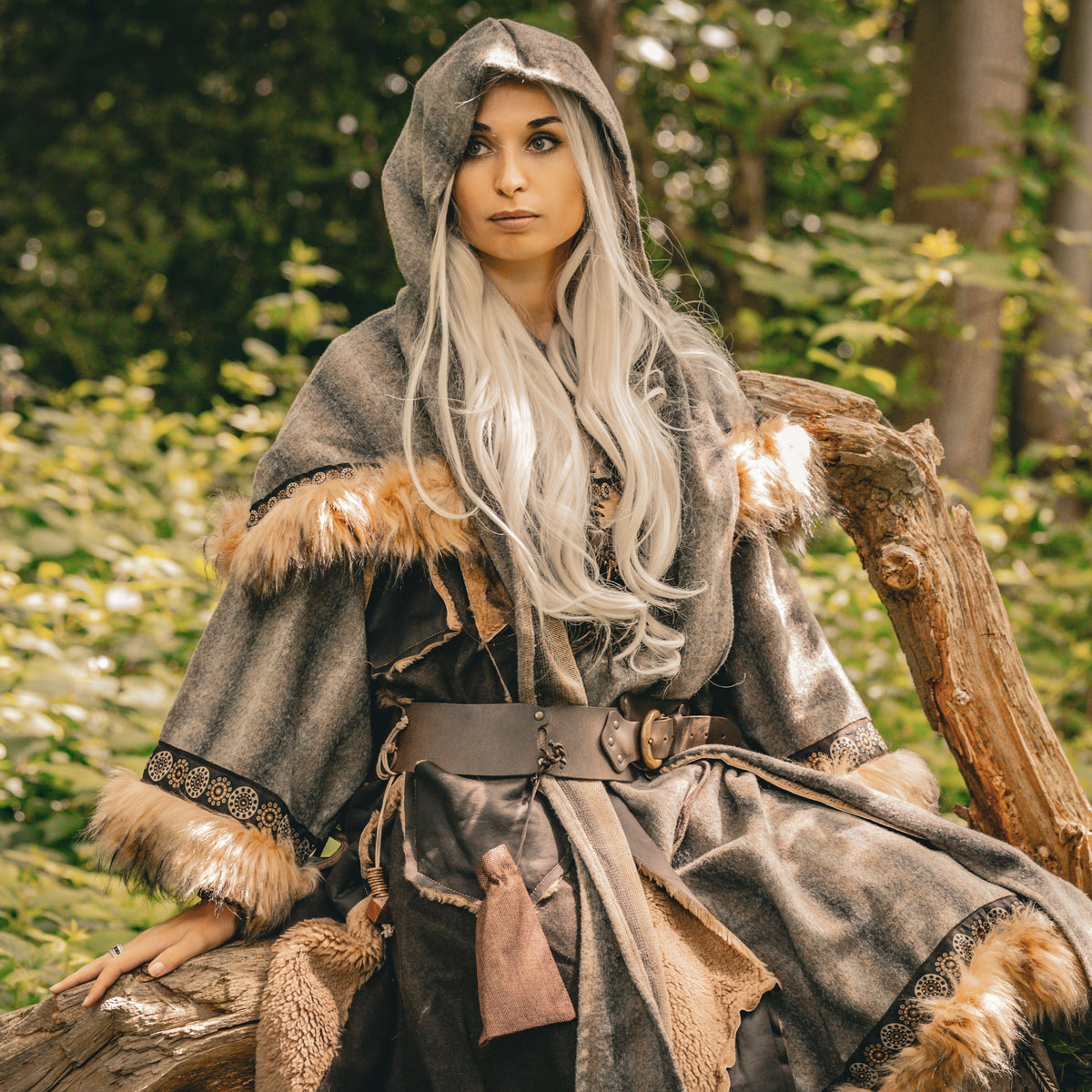 Medieval LARP outfit front view, featuring a brown and grey fur trim tunic and matching hood.
