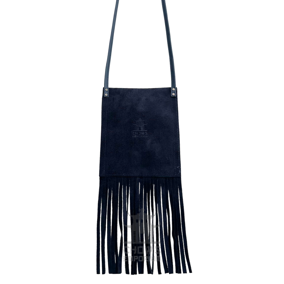 Navy blue suede fringe flap bag showing fringe and long strap