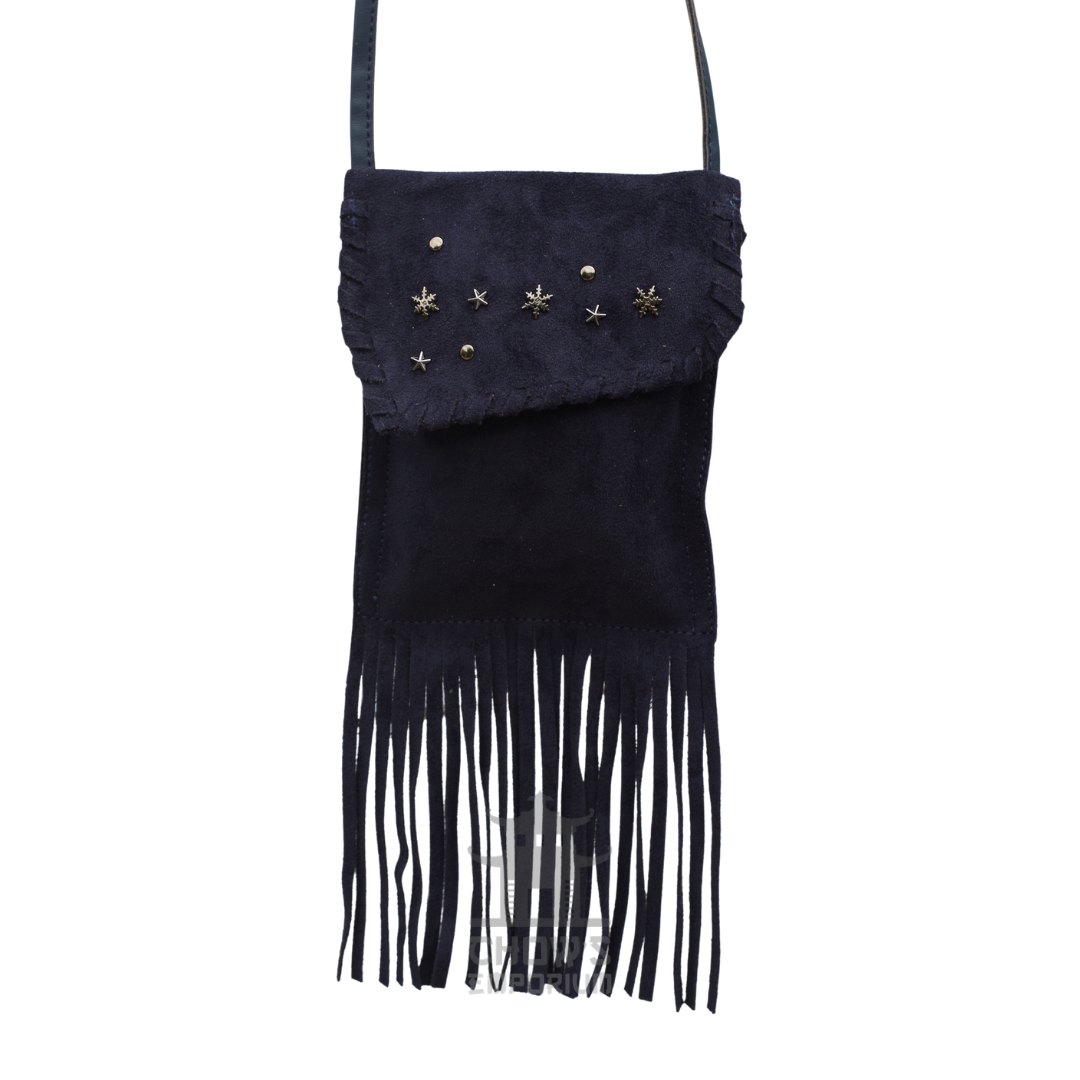Navy blue suede fringe crossbody bag, small, with star and snowflake flap