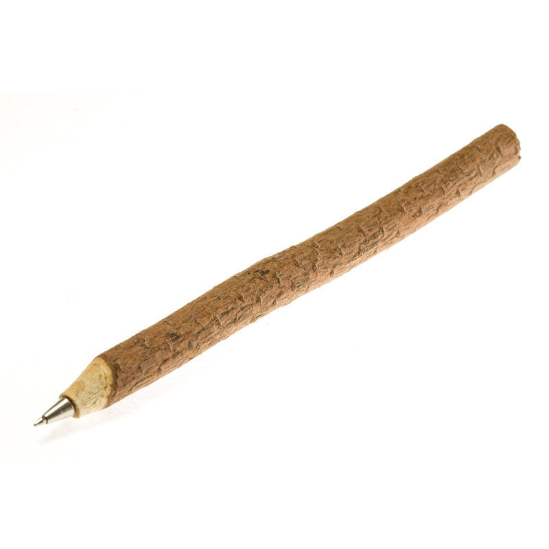 Rustic twig pen with wood grain for medieval LARP, angled on white background.