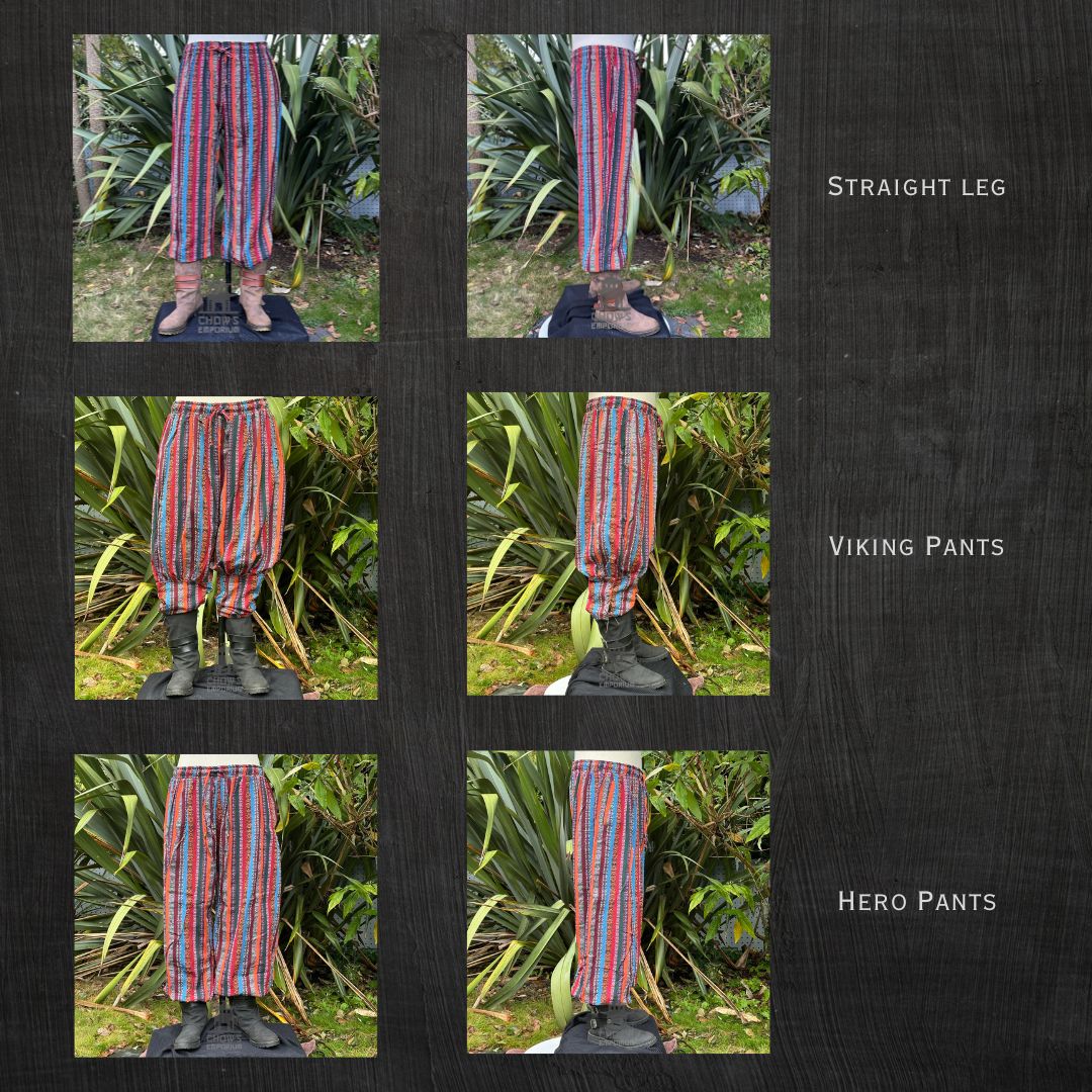 Blue and red striped Viking pants, side view for LARP.