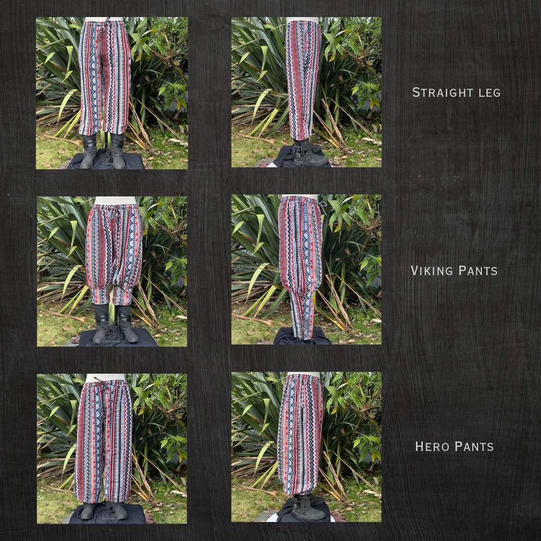 Colorful medieval LARP pants with red and black stripes, front and side views.