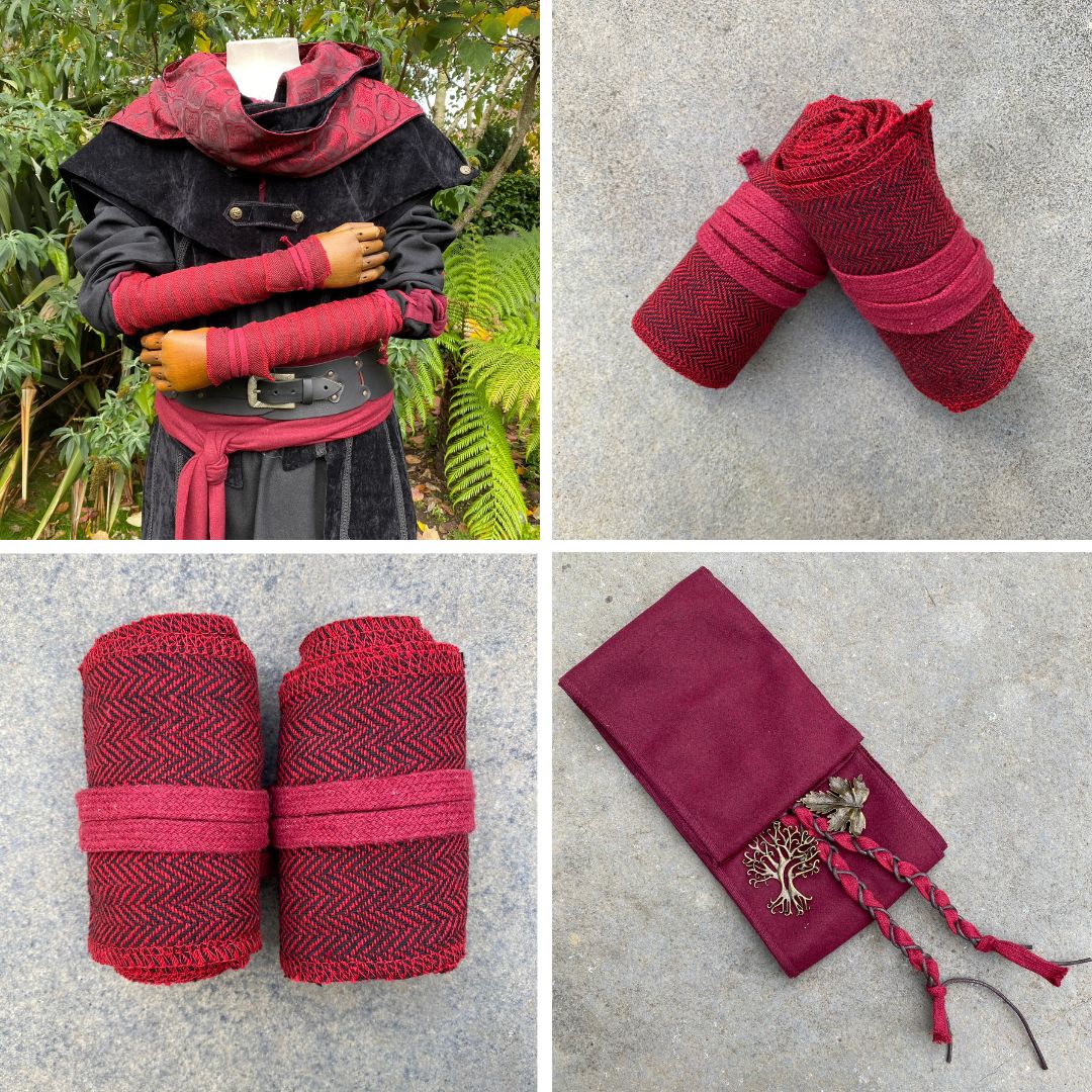Set of Medieval LARPing Arm Wraps, Leg Wraps, and Decorative LARP sash. They are coloured Red.