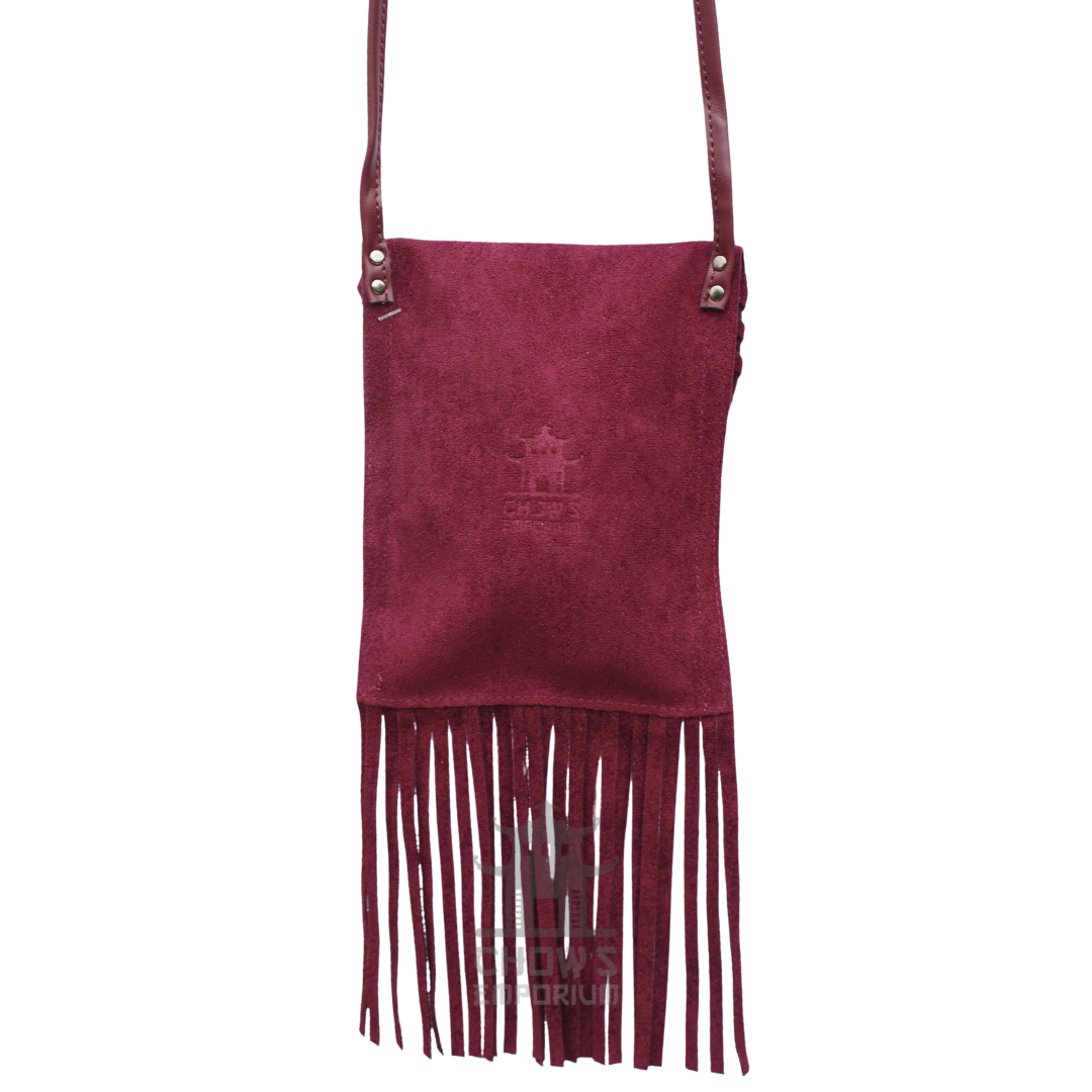 Red suede fringe flap bag showing fringe from back