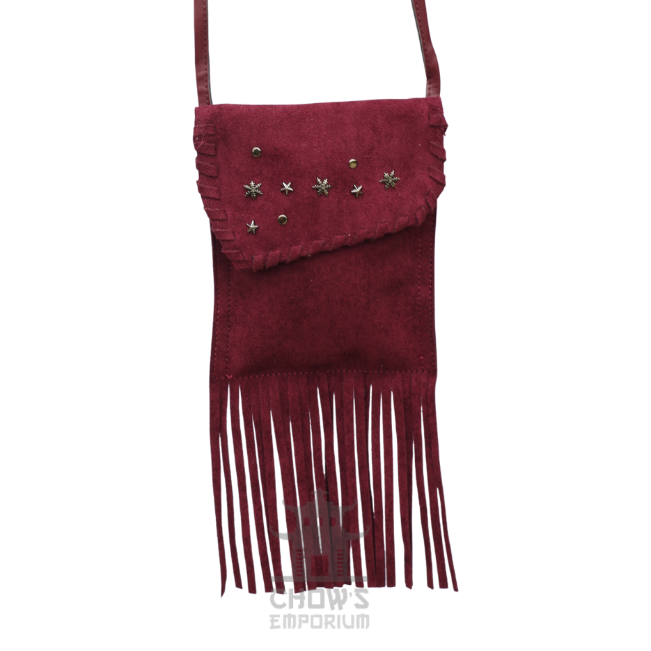 Red suede fringe crossbody bag, small, with studded flap
